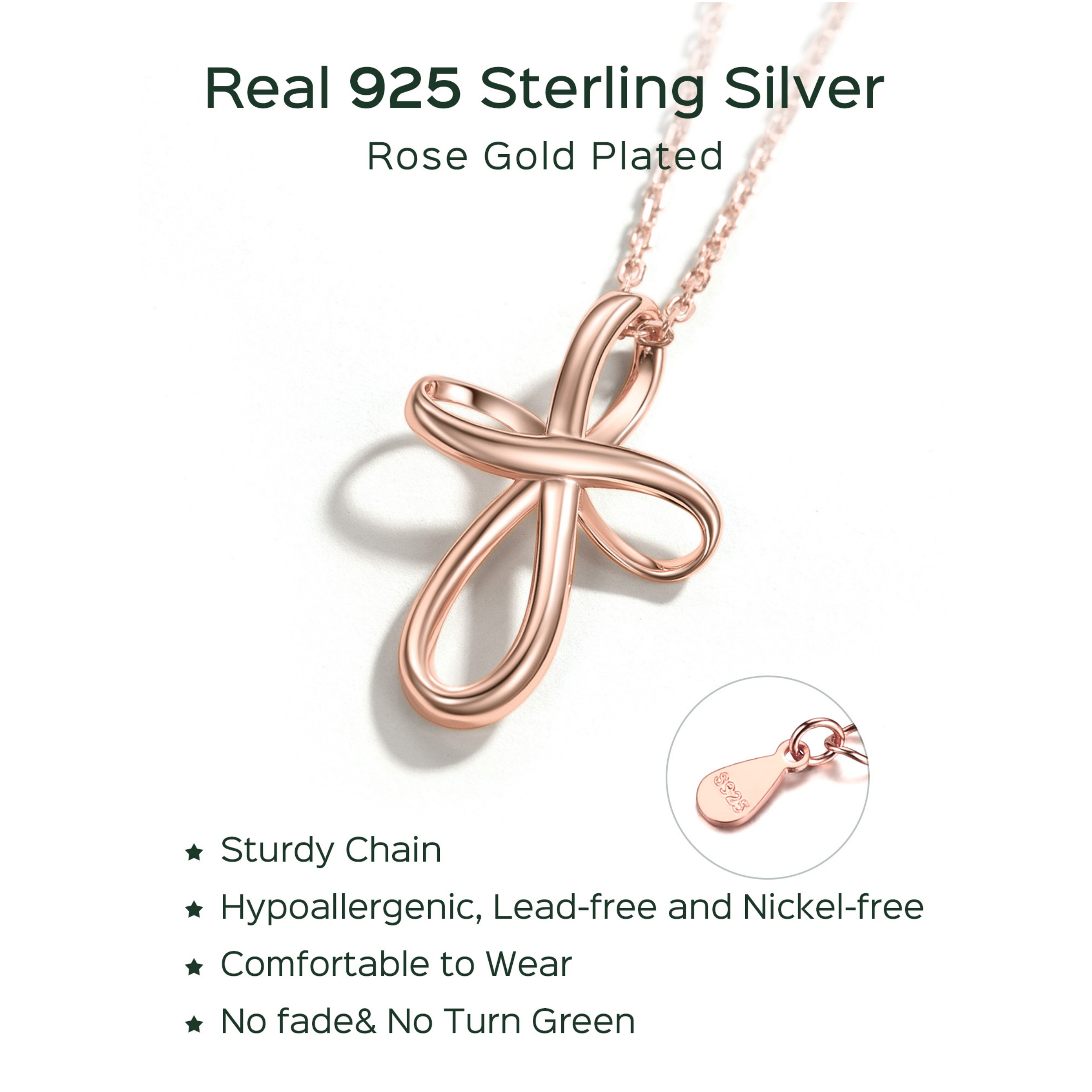 ChicSilver Sterling Silver  Rose Gold Infinity Knot Cross Pendant with Adjustable Chain