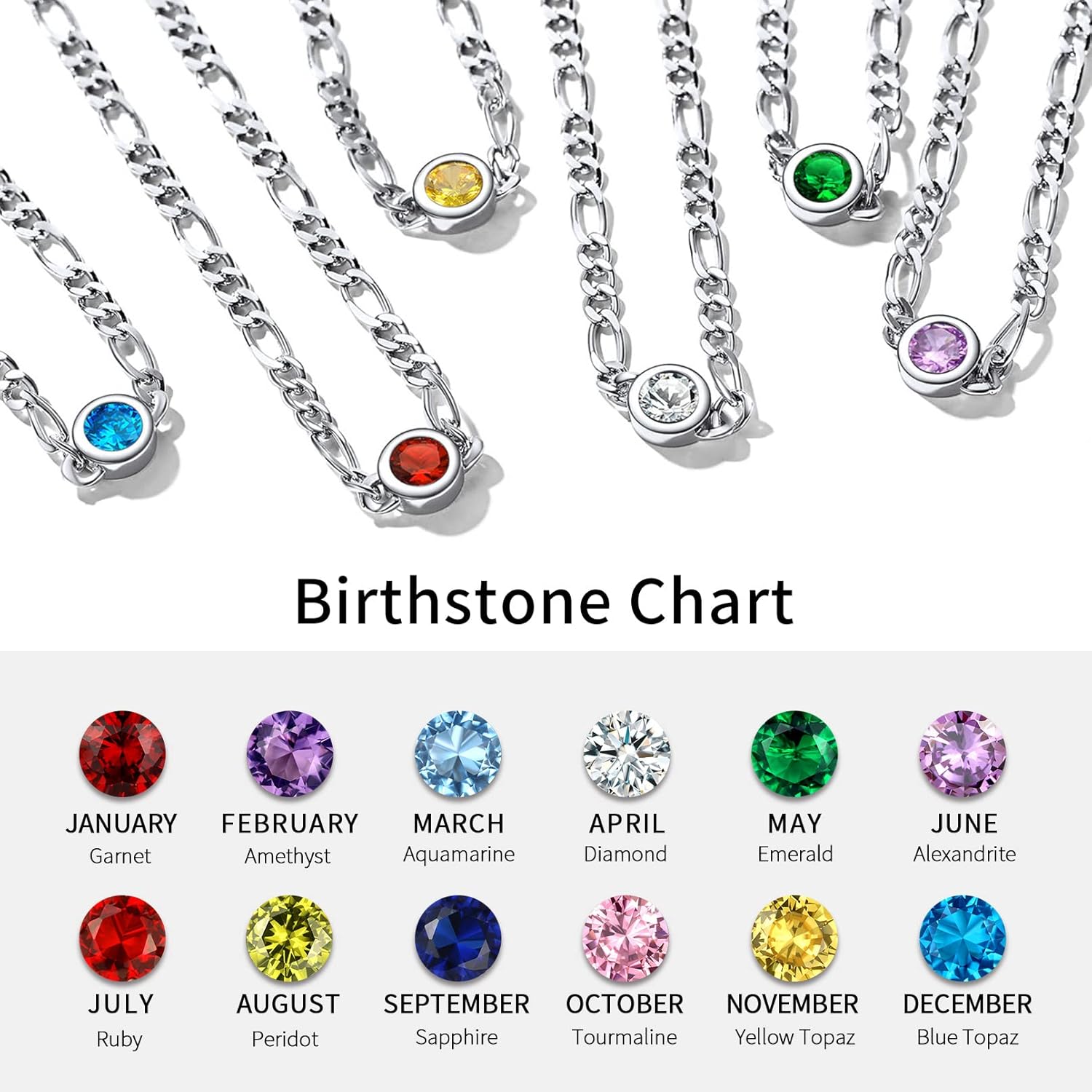 Round Dainty Birthstone Figaro Link Summer Anklets in Different Month Colors