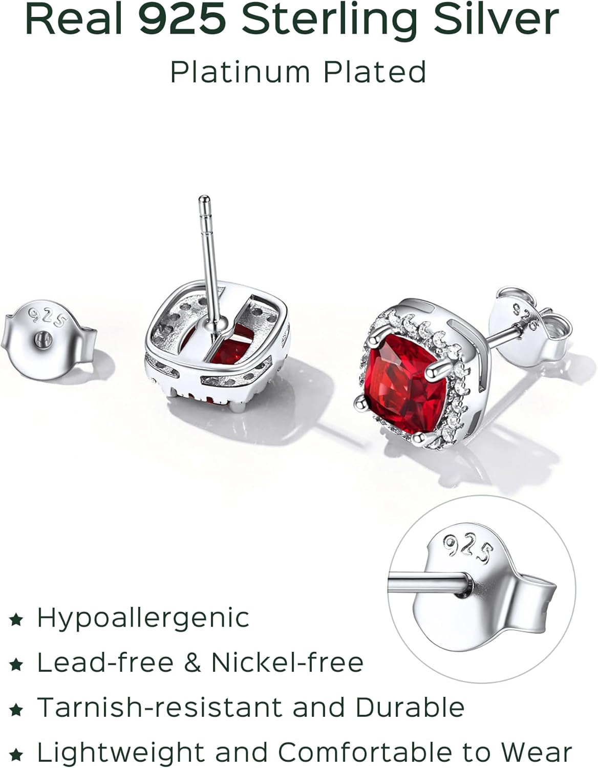 Sterling Silver Square Sparkle Halo Birthstone Gemstone & Cubic Zirconia Stud Earrings 