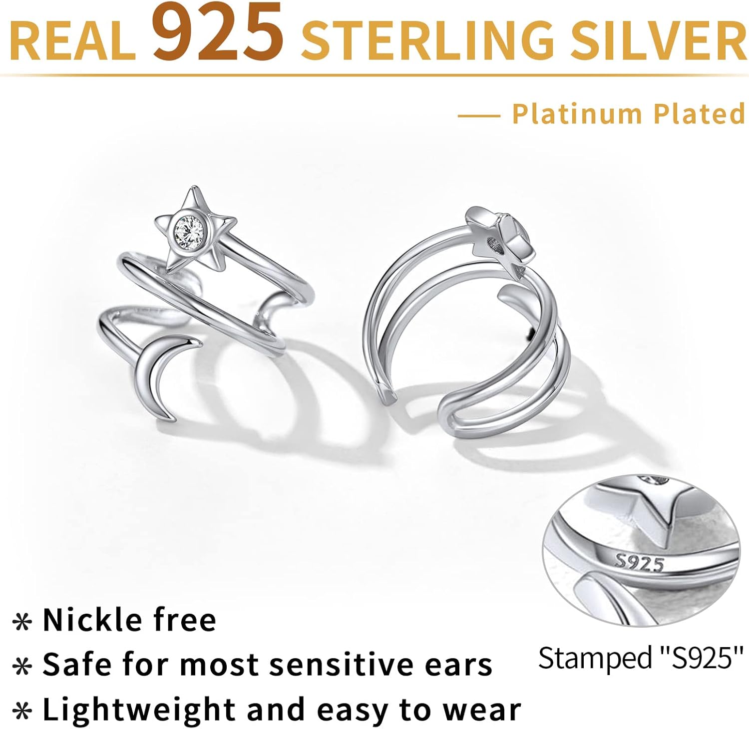 Star & Moon Non Piercing Clip on Cartilage Cuff Earrings