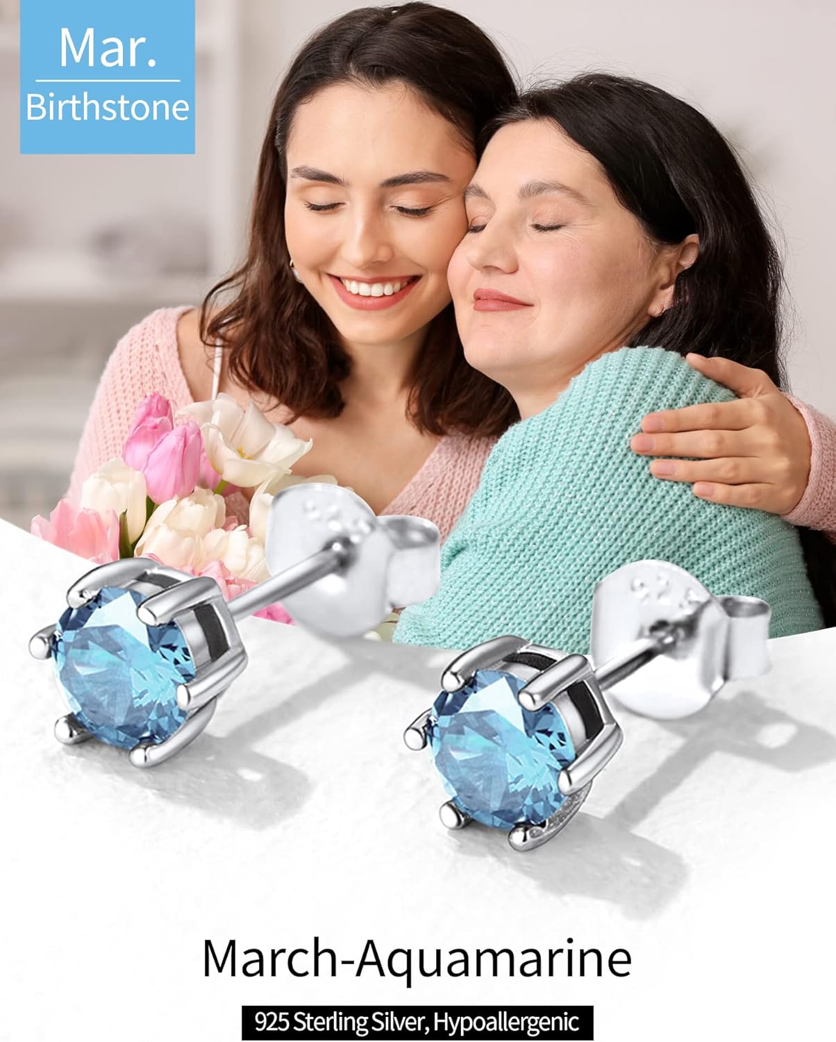 12 Months Sparkling Round Birthstone Halo Stud Earrings for women, march birthstone, Aquamarine Pendant, Pisces Birthstone, Aries Birthstone, sterling silver jewelry, gift idea