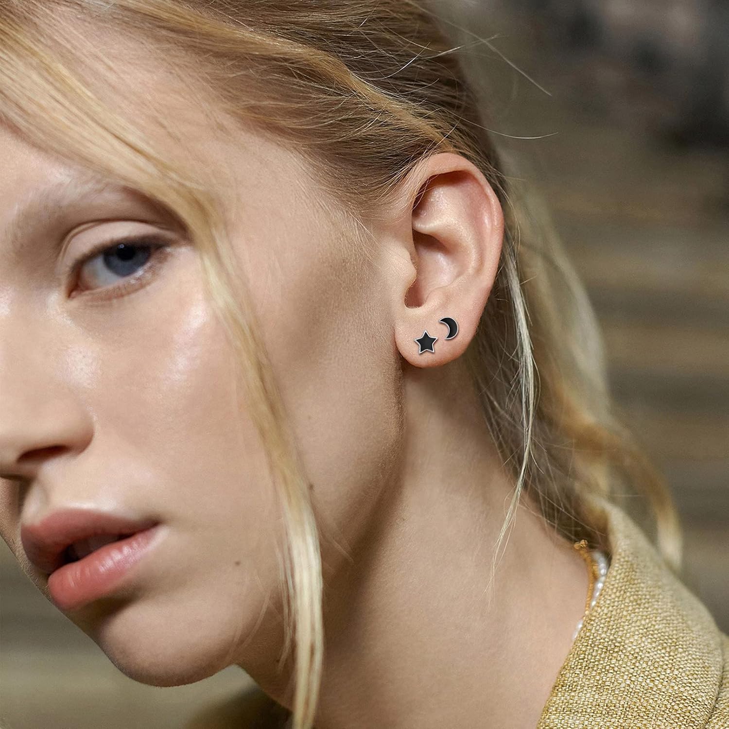 Black Star and Moon Stud Earrings for Women