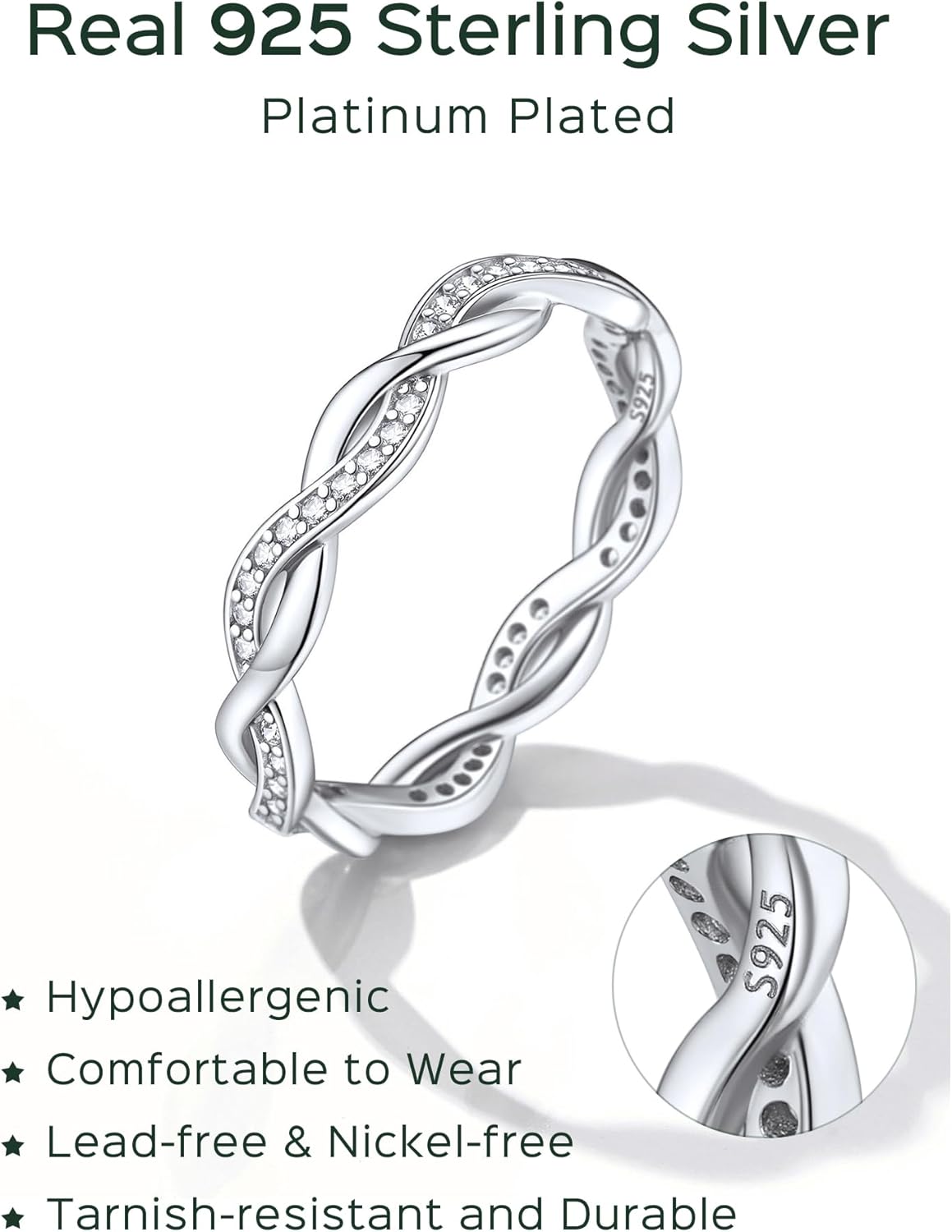 Sterling Silver Twisted Rope Cubic Zirconia Diamond Wedding Band Rings