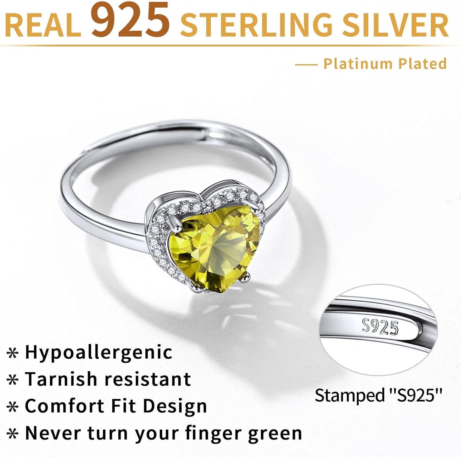 Sterling Silver Heart Emerald Cut Birthstone Promise Ring