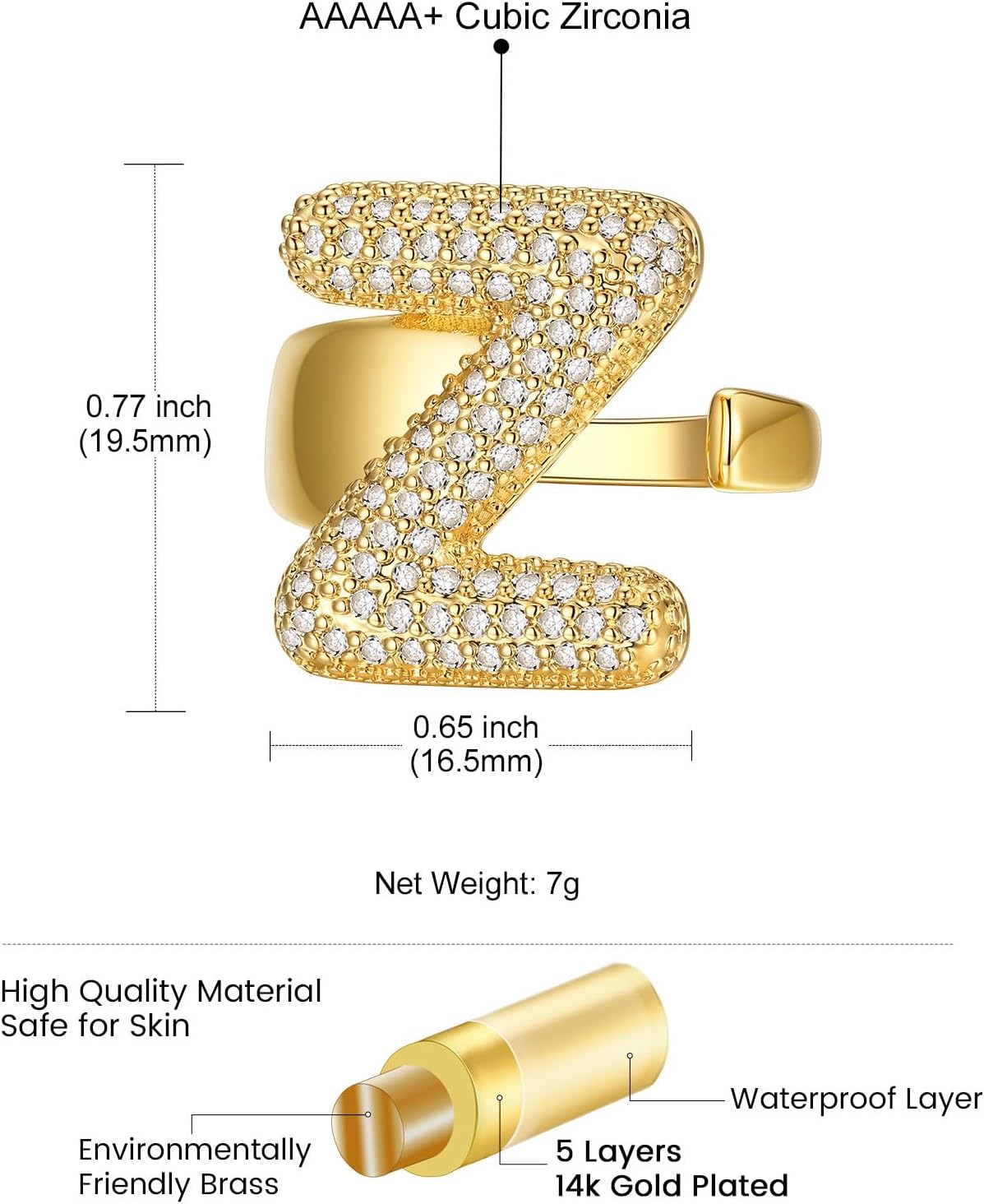 14k Chunky Gold Initial Statement Rings Details: Dimensions, Hypoallergenic, Adjustable size for 6~11