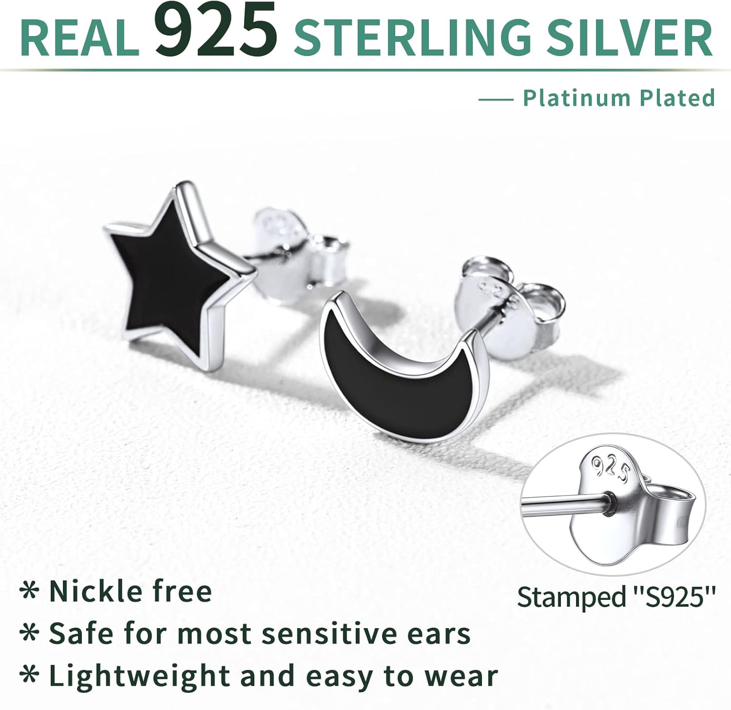 Sterling Silver Black Star and Moon Stud Earrings