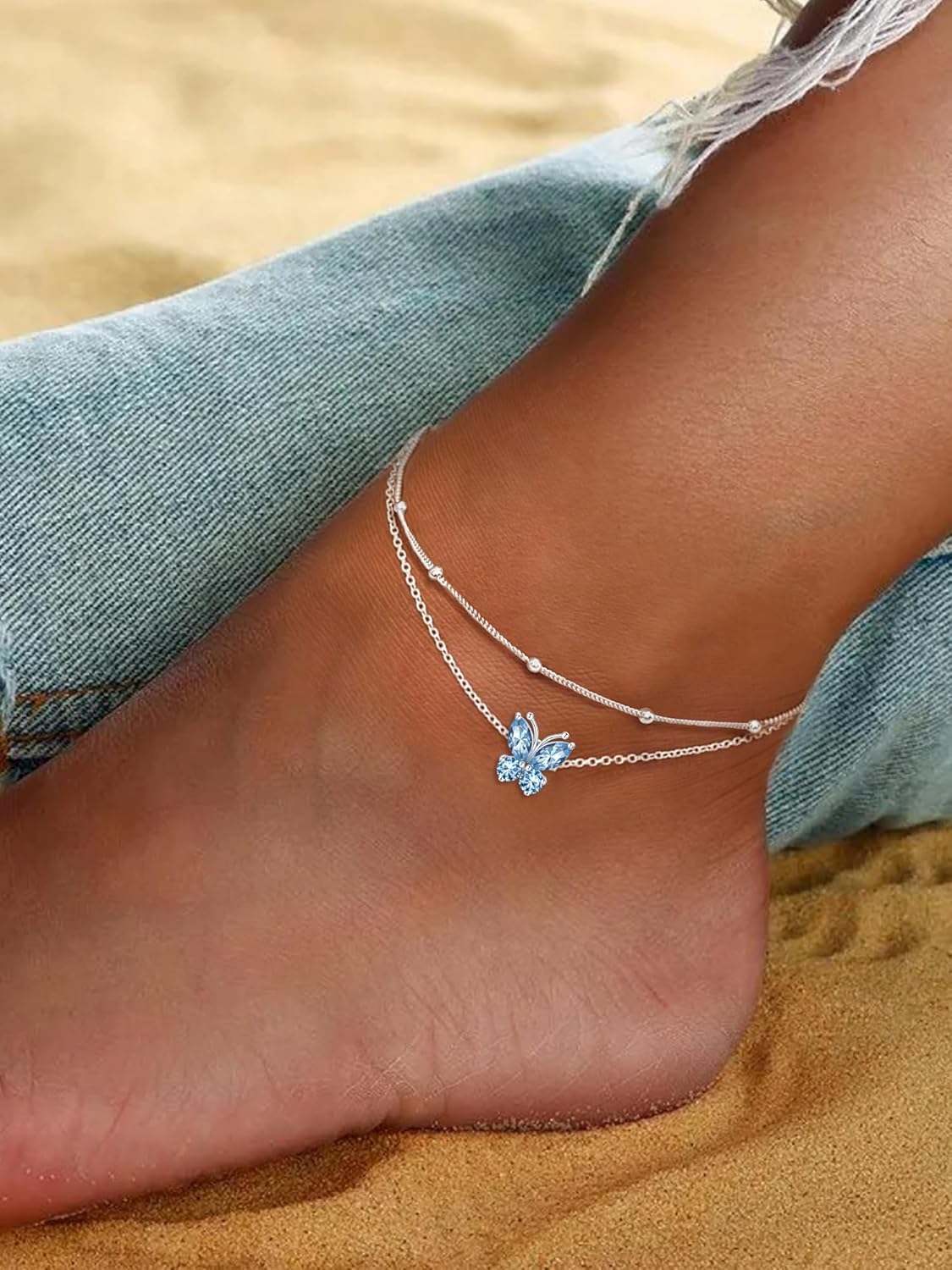 Adjustable Layered Butterfly Birthstone Anklet for Women
