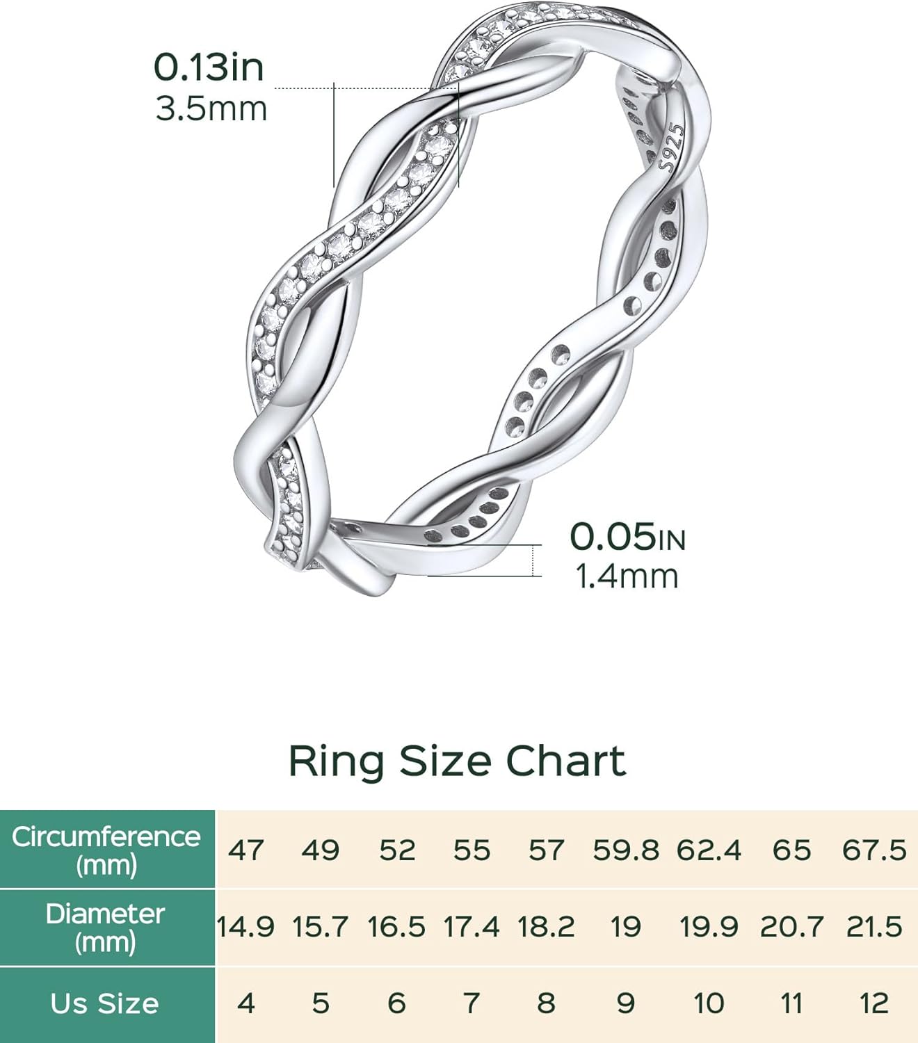 Twisted Rope Black Cubic Zirconia Diamond Wedding Band Size Chart