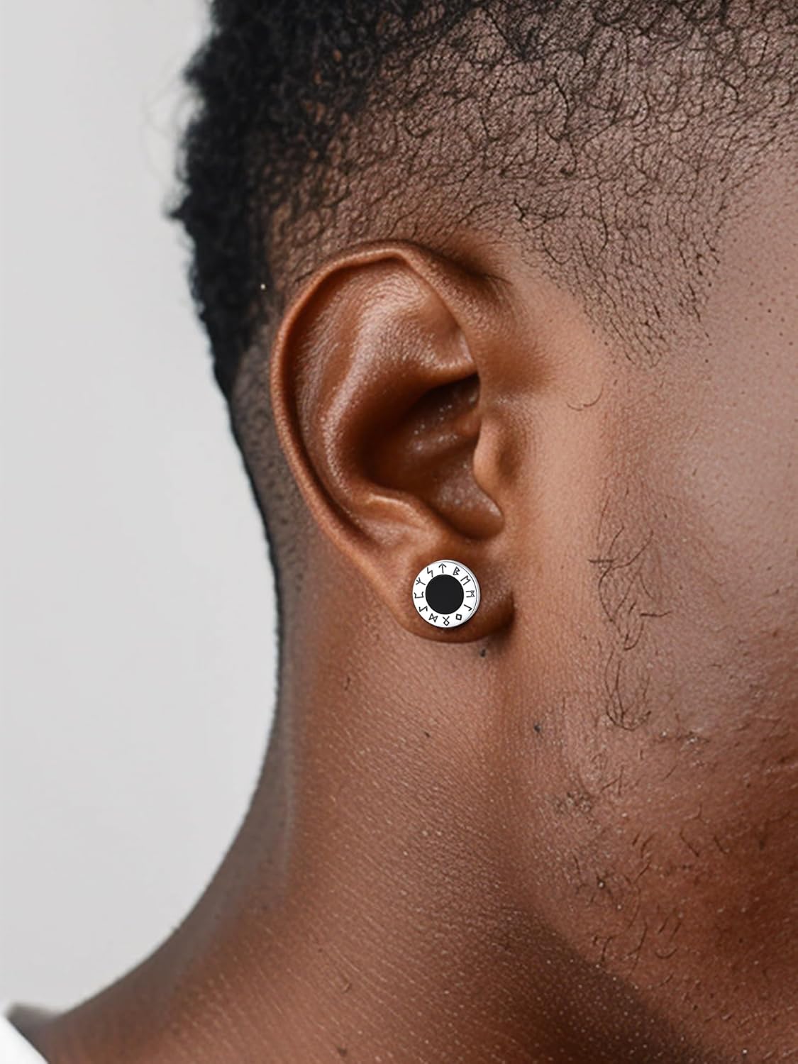Viking Front Rune Outer Ring Black Onyx Stud Earrings for Men
