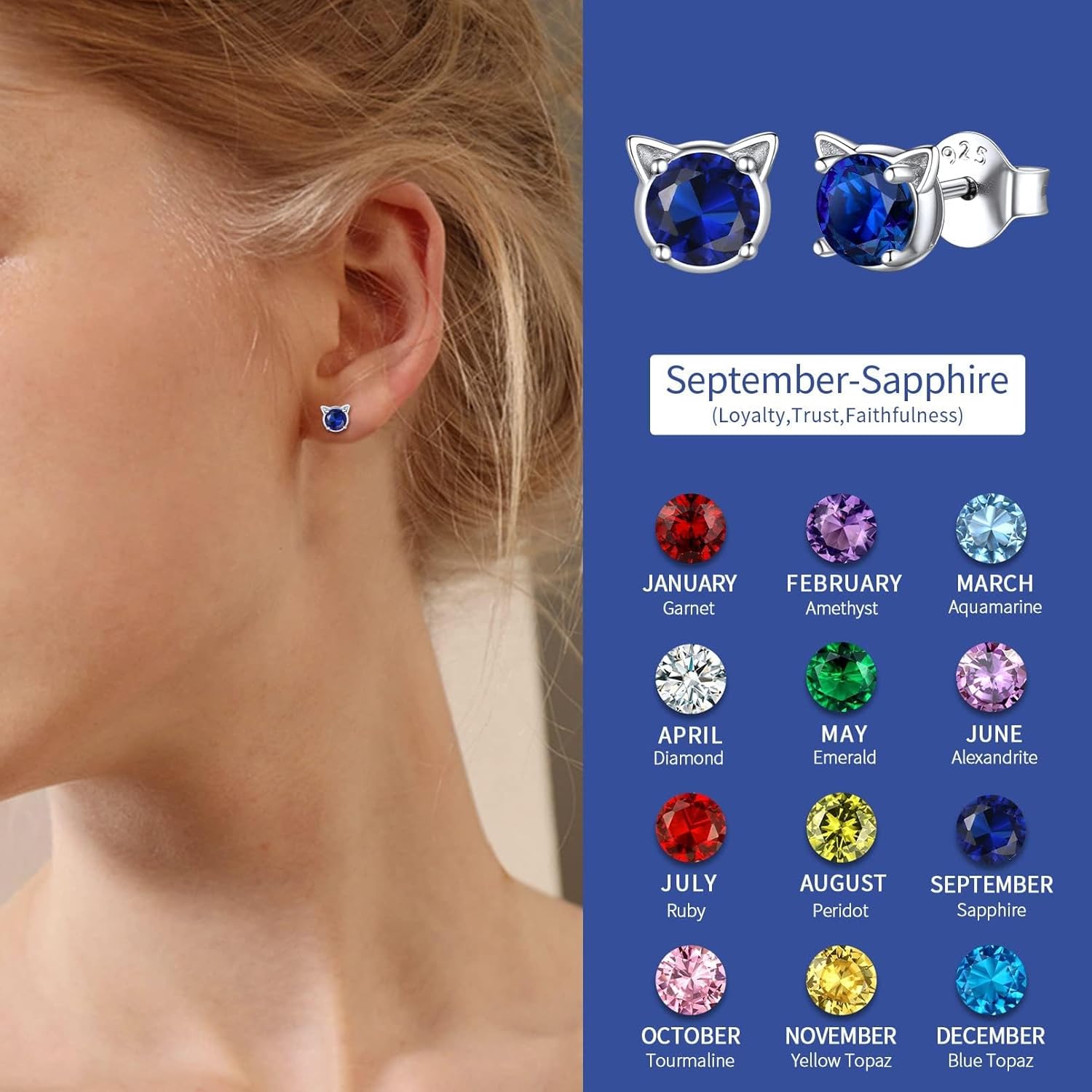 Cute Cat Diamond Birthstone Stud Earrings for women, september birthstone, Sapphire Jewelry, Virgo Birthstone, Libra Birthstone, sterling silver jewelry, gift idea