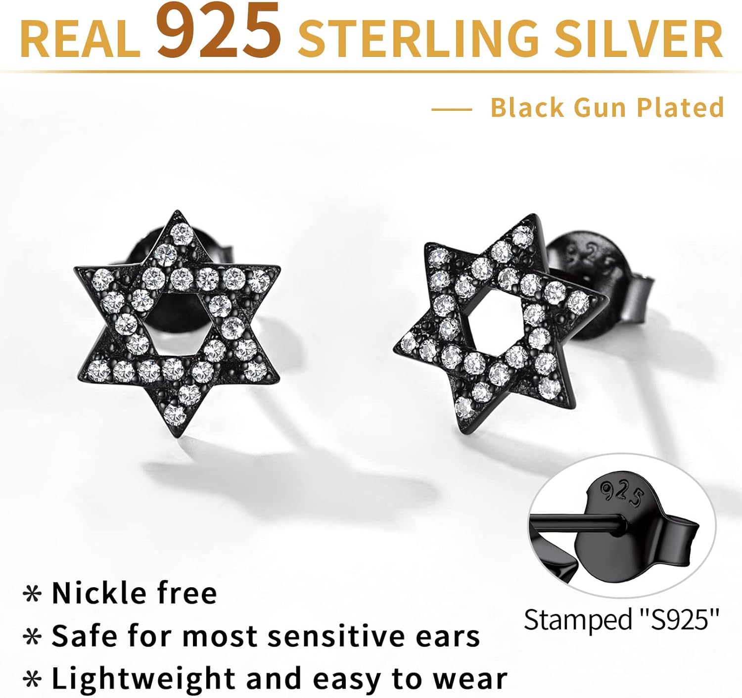 Sterling Silver Tiny Cubic Zirconia Star of David Stud Earrings 