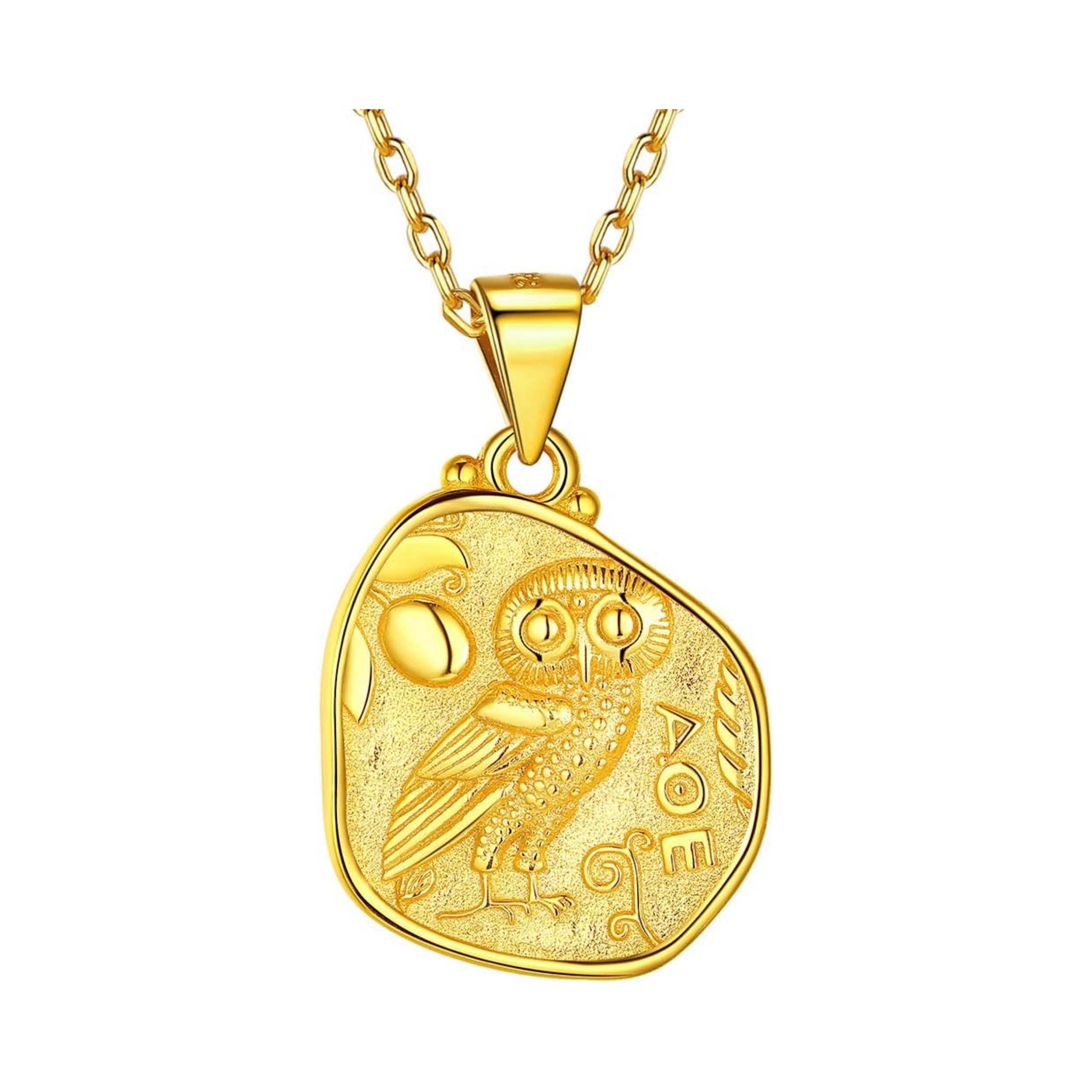 Vintage Athena & Owl Irregular Greek Coin Pendant Necklace, Gold Colors