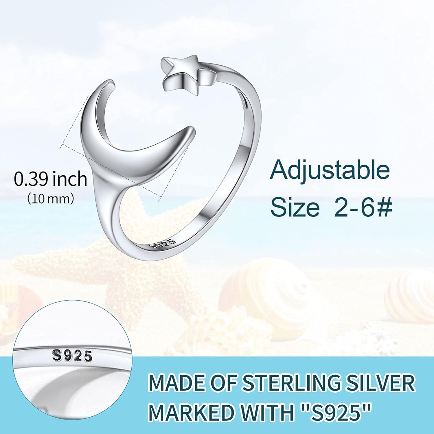 Moon and Star Beach Toe Ring  Details: Dimensions, Hypoallergenic, Adjustable size 