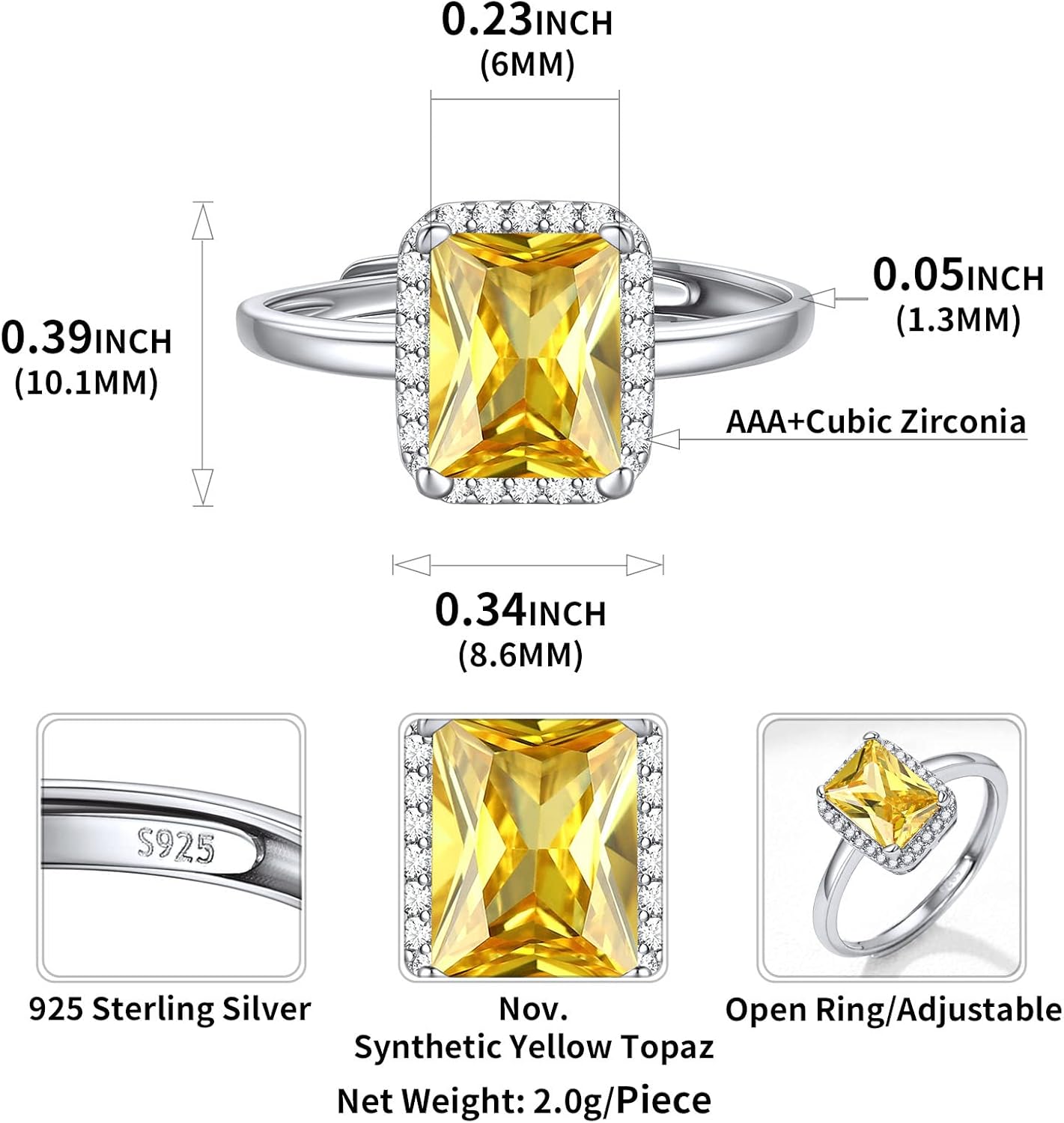 Square Emerald Cut Birthstone Promise Ring Details: Dimensions, Hypoallergenic, Adjustable size for 6~11