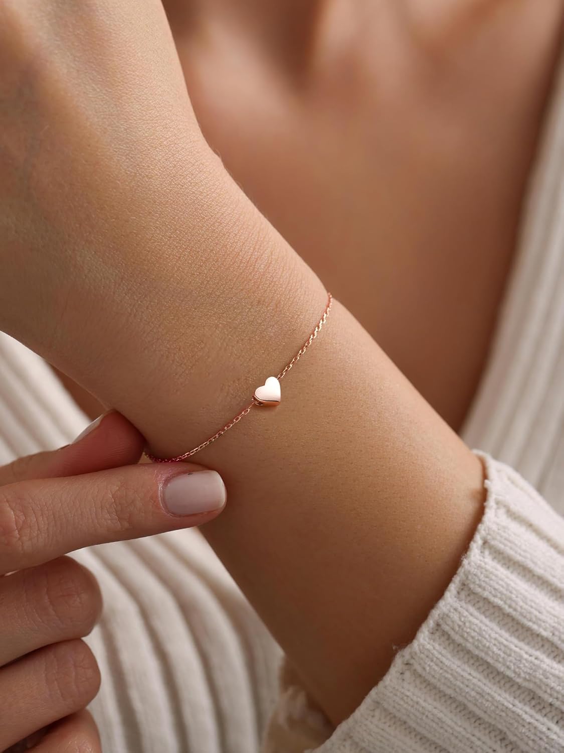 Classic Rose Gold Heart Link Chain Bracelet  for Women, sterling silver jewlery, gift idea, sterling silver bracelets