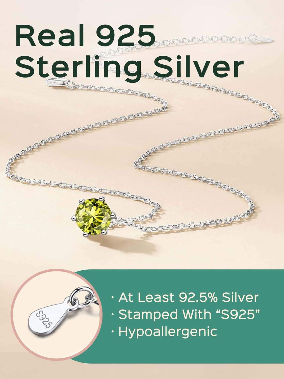 12 Months Sparkling Round Cut Created Birthstone Necklace for women, august birthstone, Peridot Necklace, Leo Birthstone, Virgo Birthstone, sterling silver jewlery, gift idea