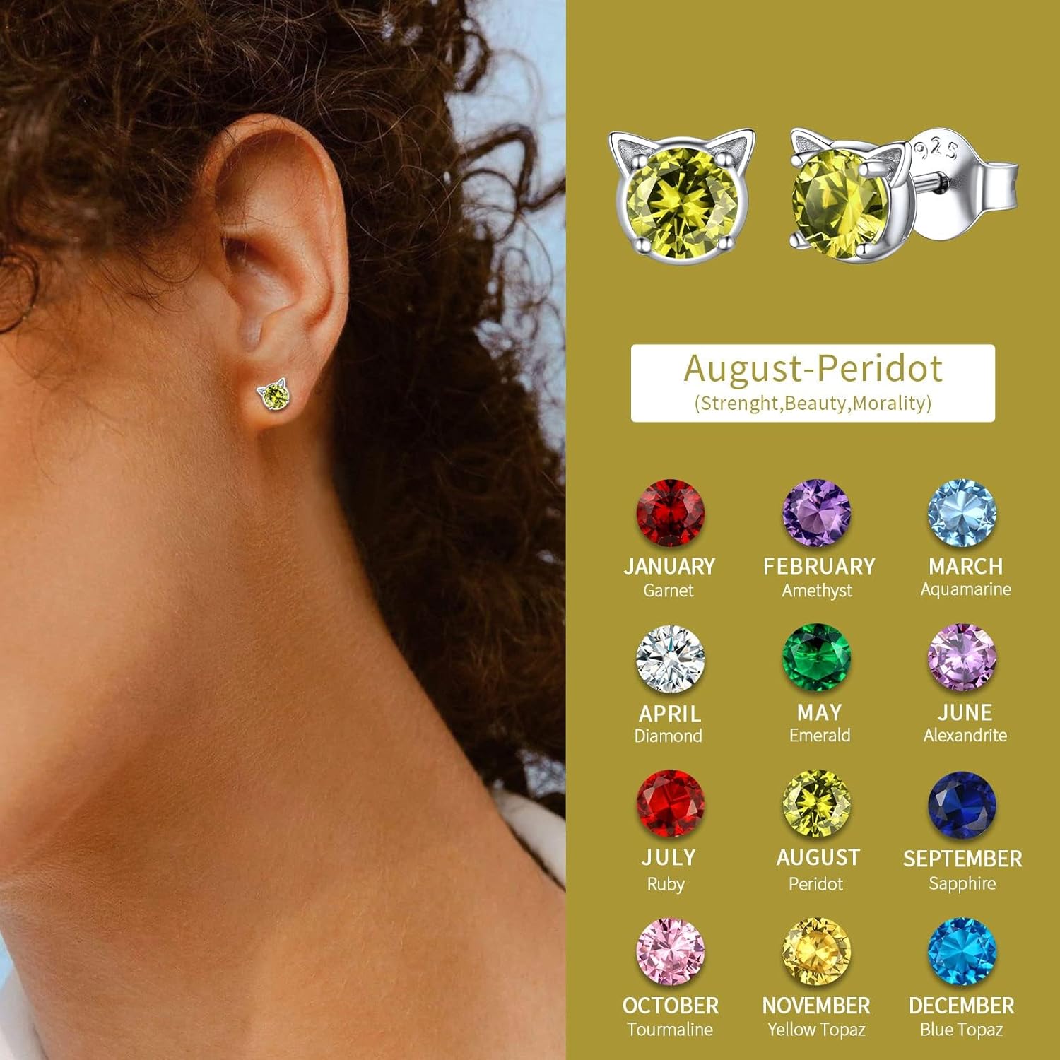 Cute Cat Diamond Birthstone Stud Earrings for women,  august birthstone, Peridot Earrings, Leo Birthstone, Virgo Birthstone, sterling silver jewelry, gift idea
