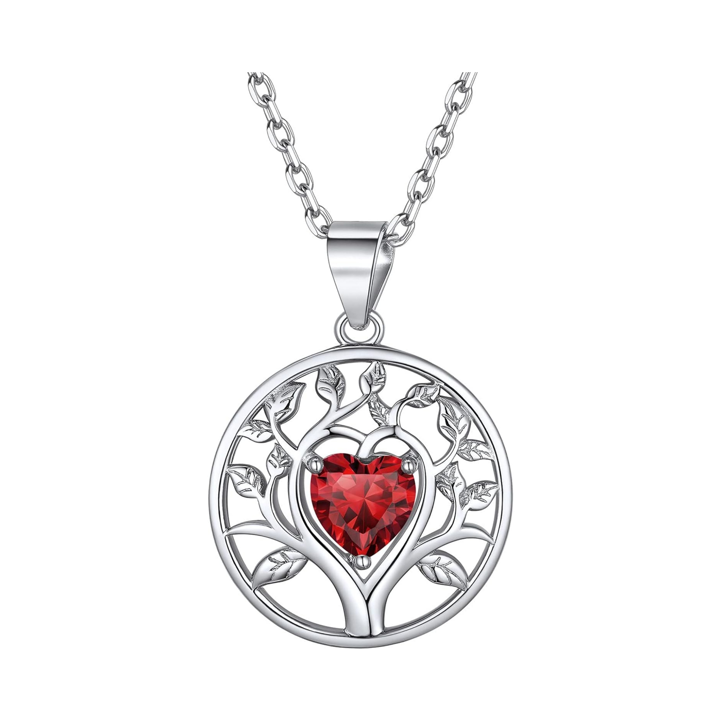 Tree of Life Pendant Necklace Embellished with Heart Shape Birthstone