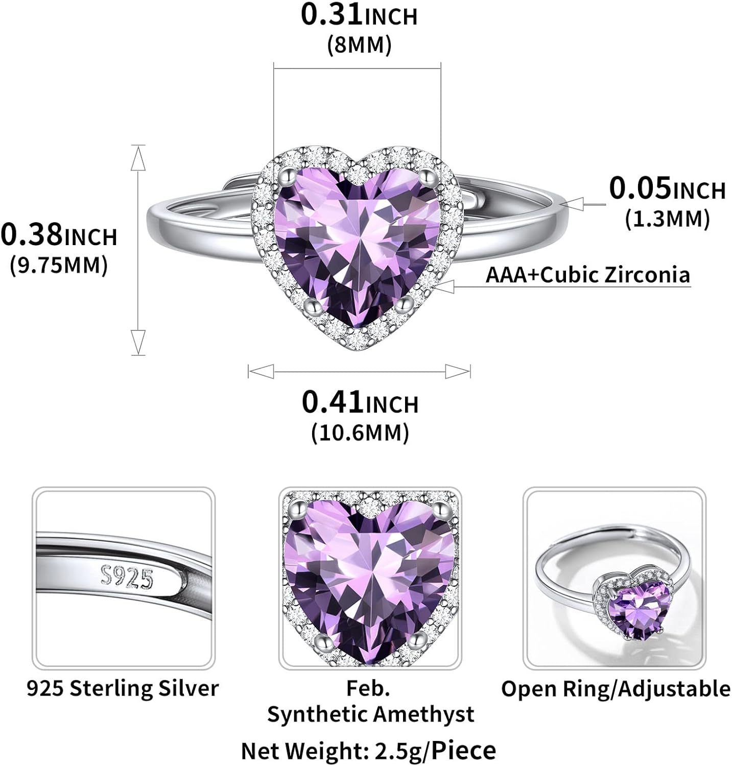 Heart Emerald Cut Birthstone Promise Ring Details: Dimensions, Hypoallergenic, Adjustable size for 6~11