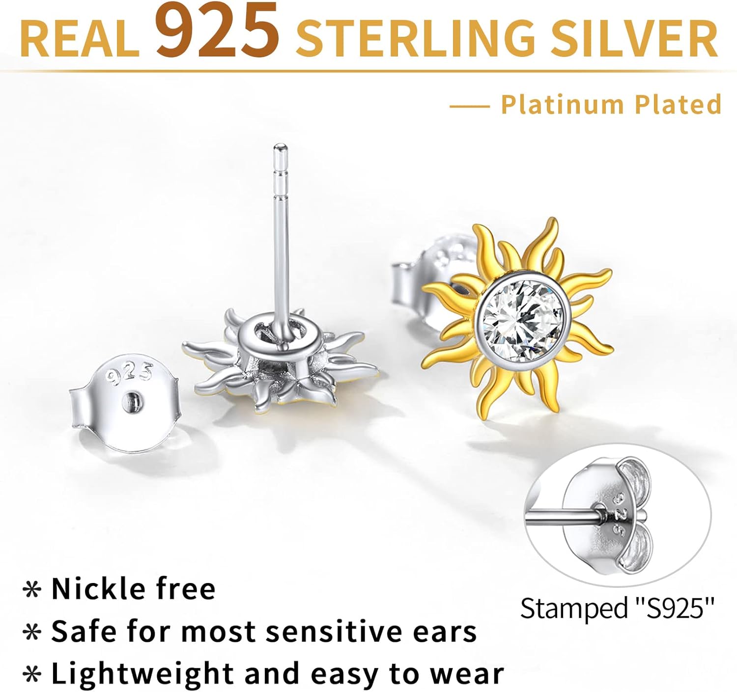 Hypoallergenic Sun Birthstone Earrings for Women, april birthstone, Diamond Jewelry, Aries Birthstone, Taurus Birthstone, birthstone Earrings, gift idea