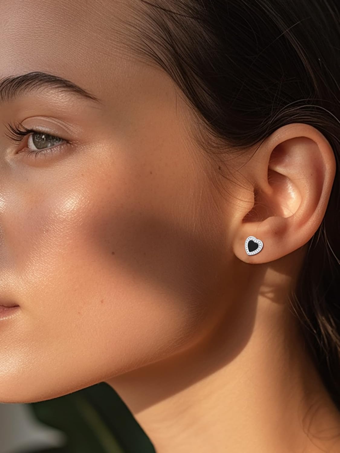 Cubic Zirconia Black Onyx Heart Stud Earrings for Women