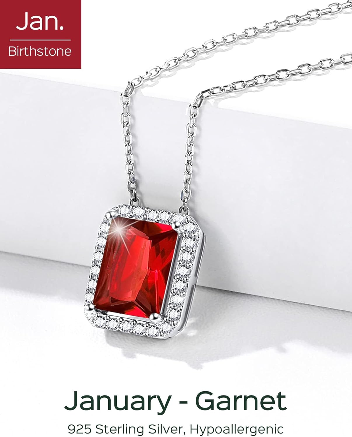 Square Emerald Cut Cubic Zirconia Halo Pendant Birthstone Necklace for Women,   jan birthstone, Garnet birthstone, Capricorn Birthstone, Aquarius Birthstone, sterling silver jewelry, gift idea