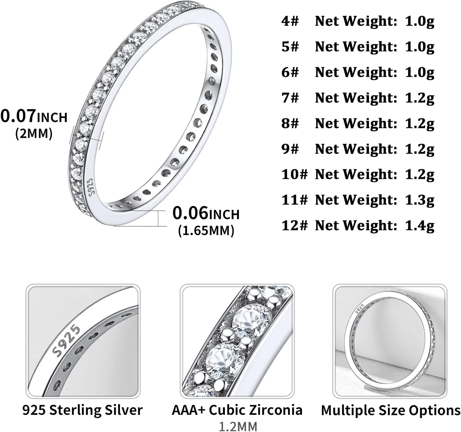 Silver Cubic Zirconia Stackable Engagement Band Ring Details: Dimensions, Hypoallergenic, 4-12.
