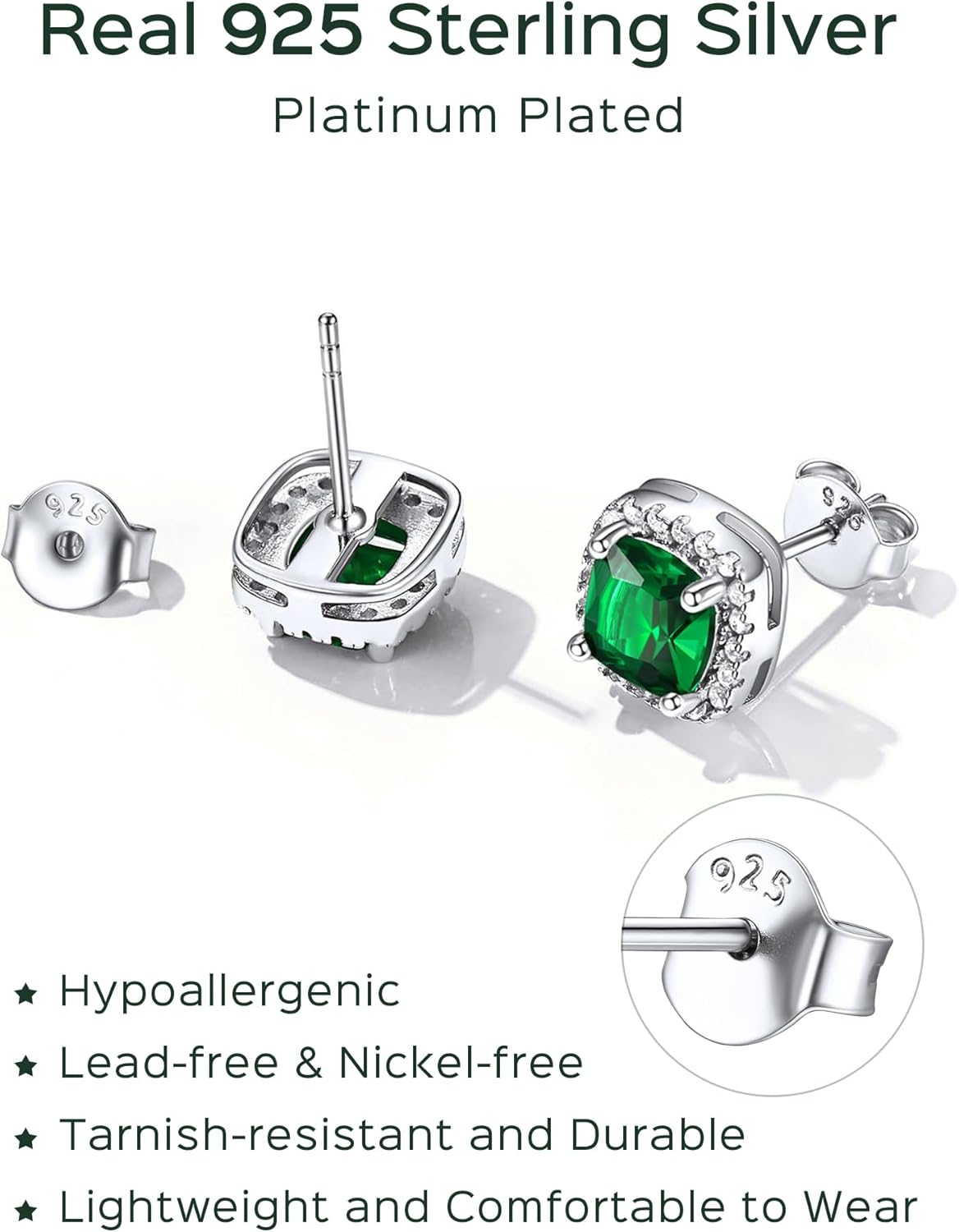 Sterling Silver Square Sparkle Halo Birthstone Gemstone & Cubic Zirconia Stud Earrings 