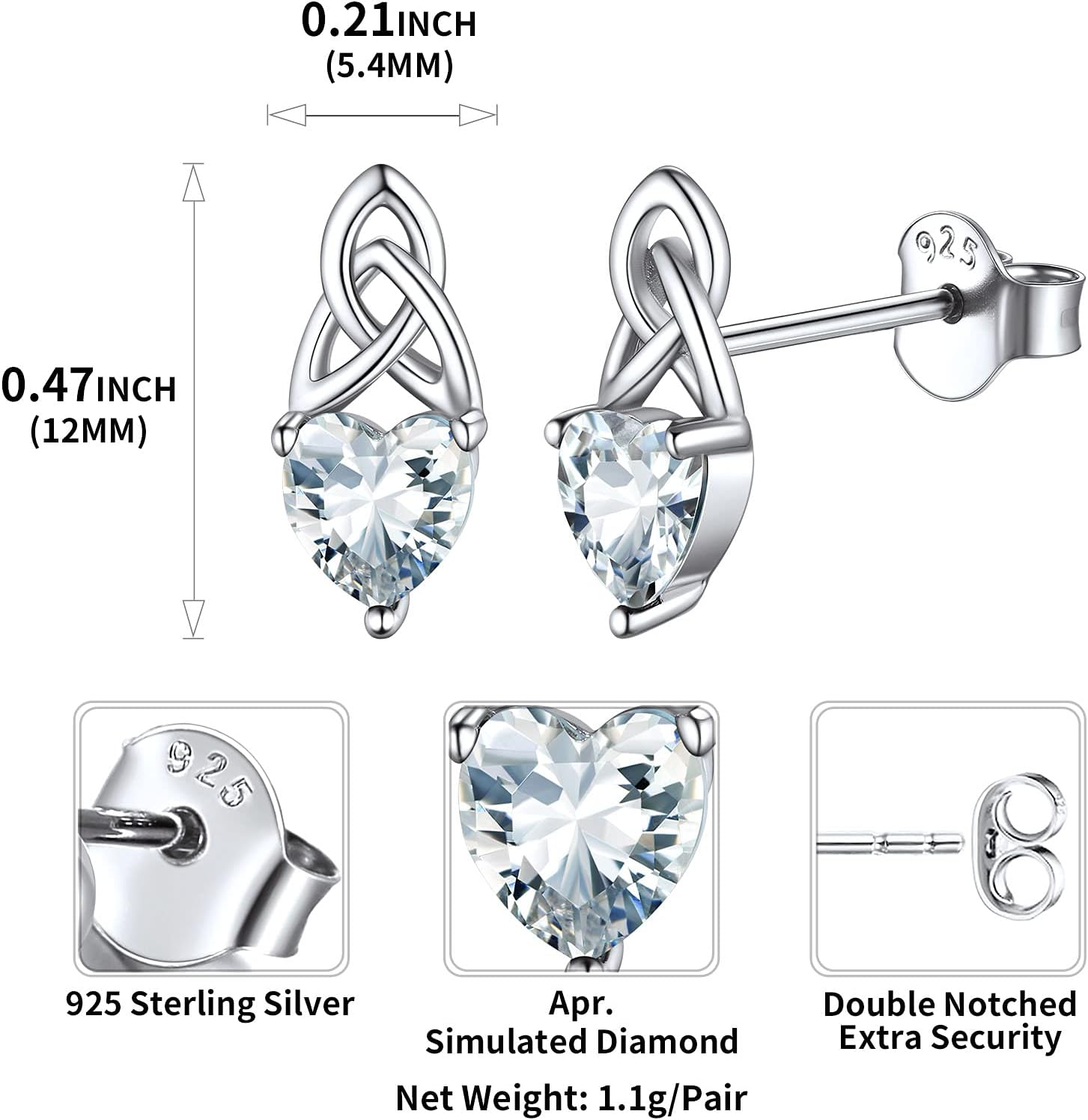 Brilliant Heart Cut Birthstone & Celtic Knot Stud Earrings