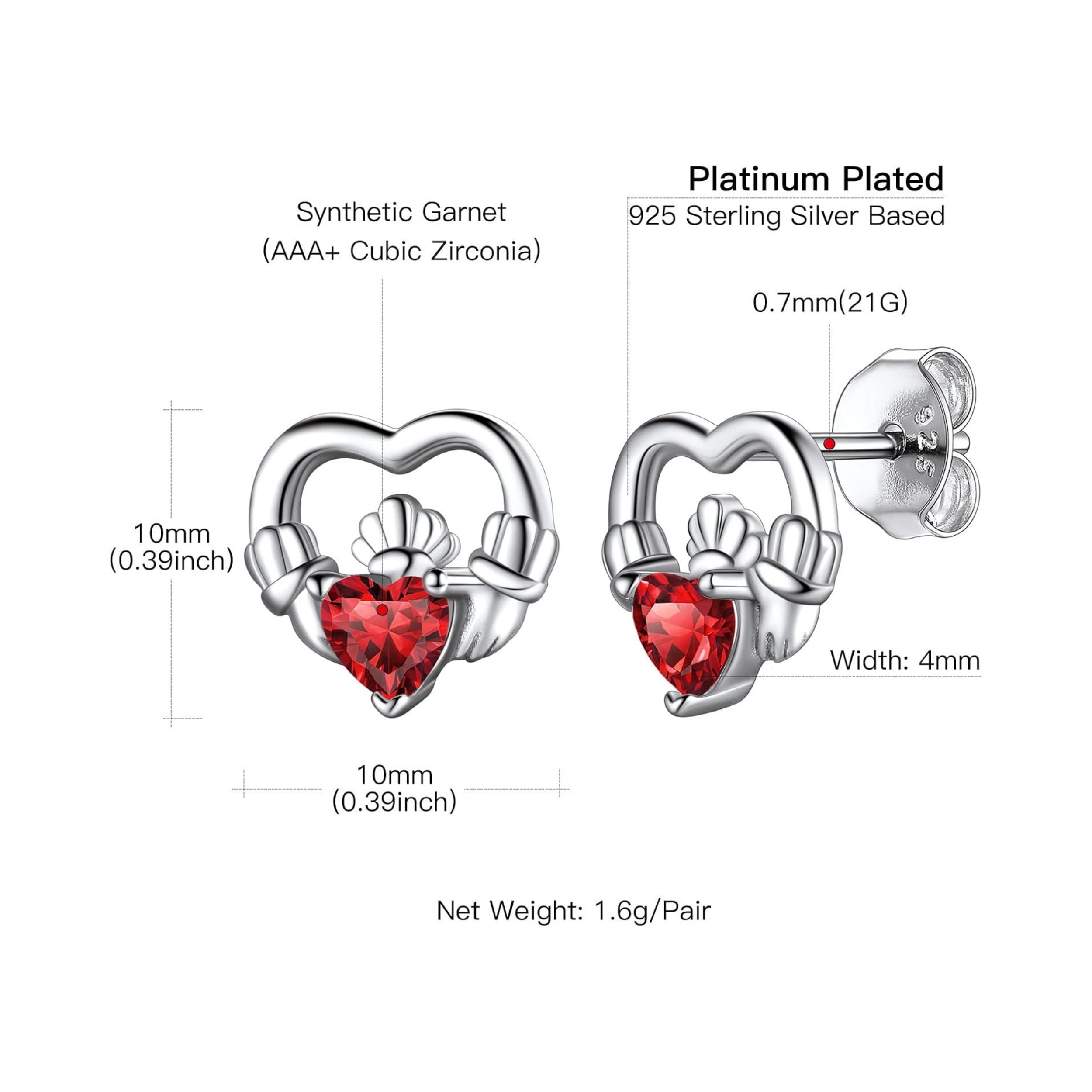 Dainty Claddagh Celtic Heart Stud Earrings Details: Dimensions, Hypoallergenic, Push Back Finding