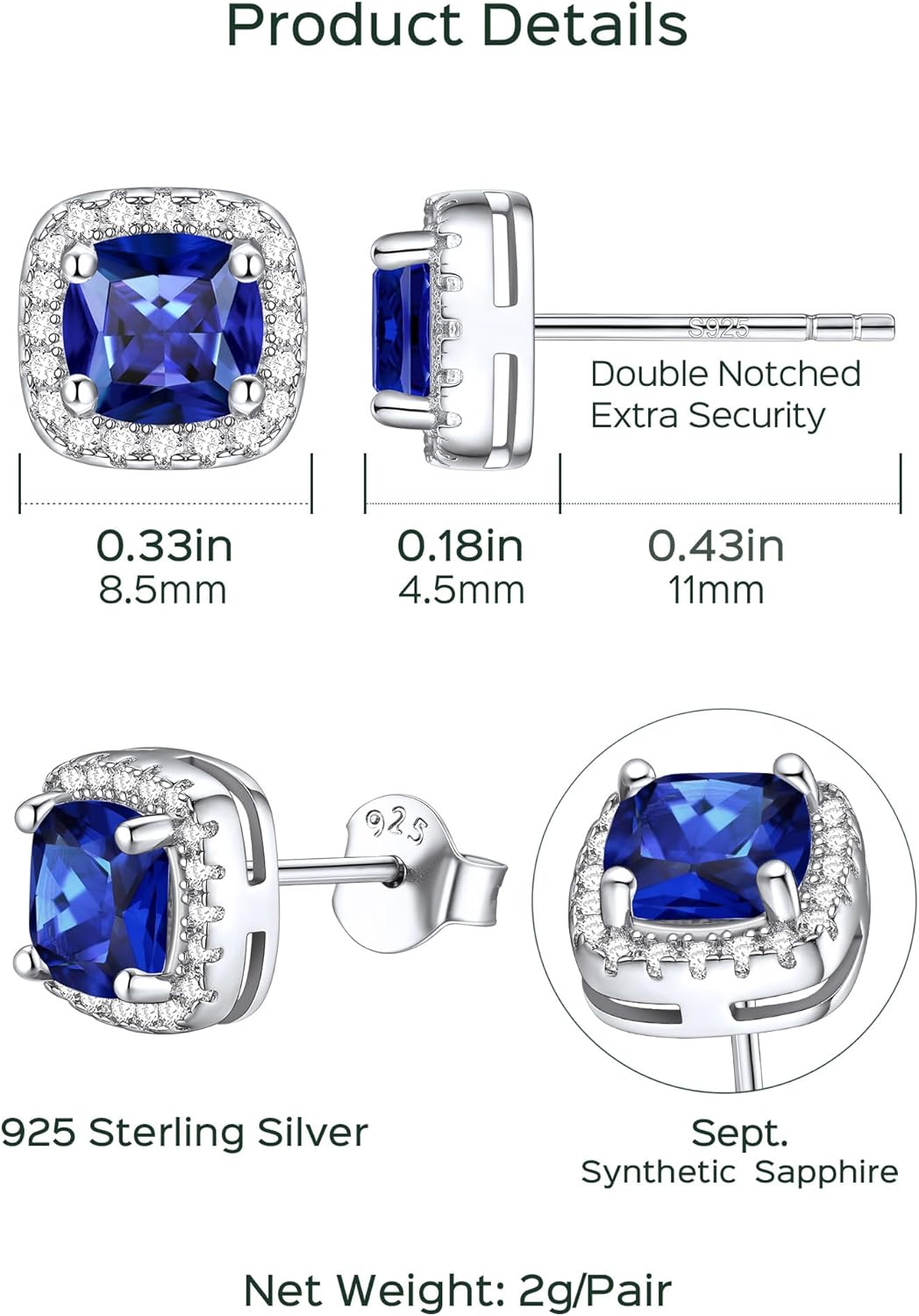 Square Sparkle Halo Birthstone Gemstone & Cubic Zirconia Stud Earrings Details: Dimensions, Hypoallergenic, Push Back Finding