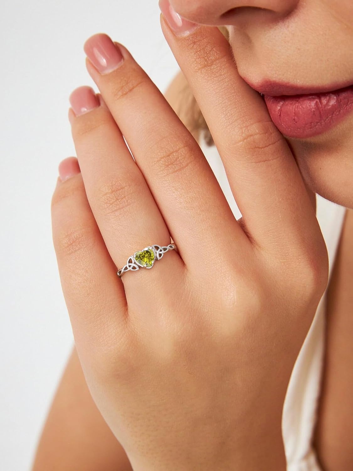 12 Months Celtic Knot & Heart Shape Birthstone Promise Rings for Women, august birthstone, Peridot Necklace, Leo Birthstone, Virgo Birthstone, sterling silver promise rings, gift idea