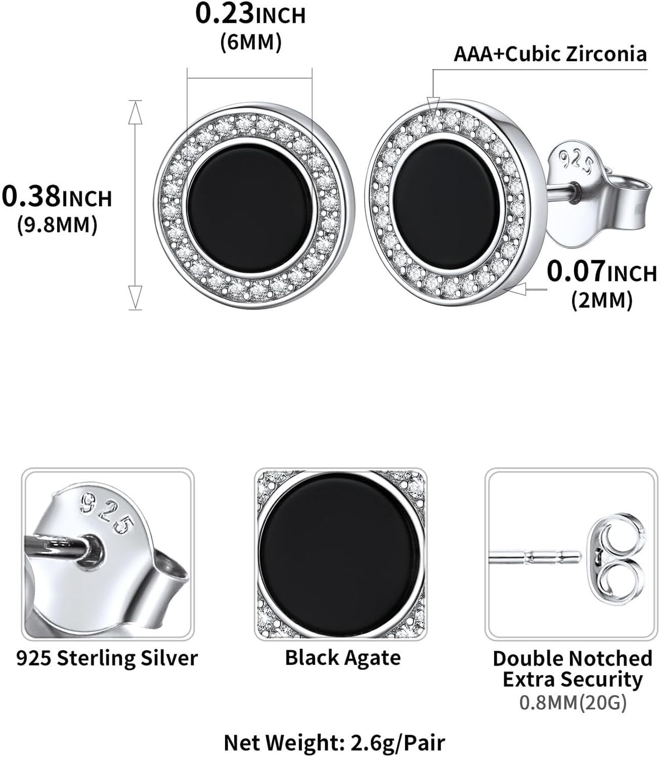 Black Onyx Round Cubic Zirconia Halo Stud Earrings
