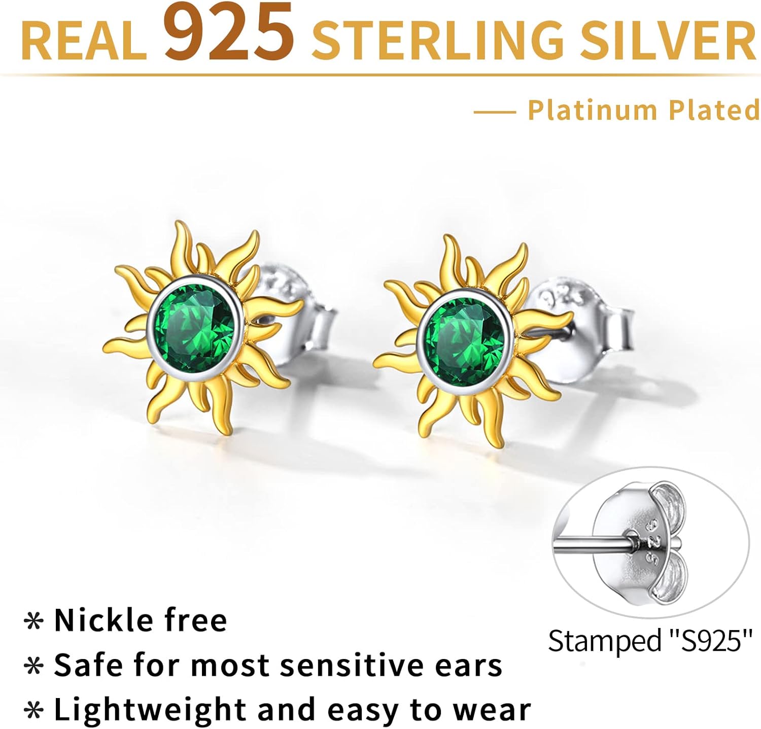 Hypoallergenic Sun Birthstone Earrings for Women, may birthstone, Emerald Earrings, Taurus Birthstone, Gemini Birthstone, sterling silver earrings, gift idea