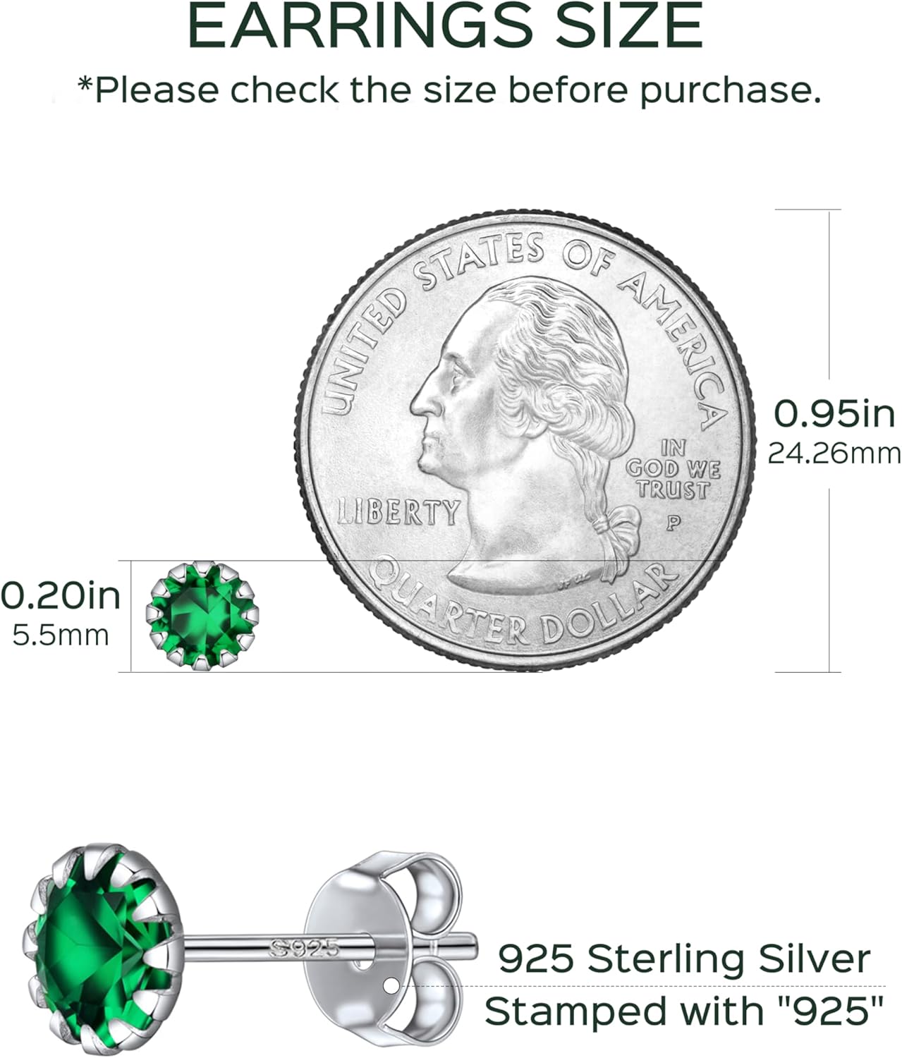 Round Cut Birthstone Stud Earrings for Ladies,  jan birthstone, may birthstone, Emerald Earrings, Taurus Birthstone, Gemini Birthstone, sterling silver earrings, gift idea
