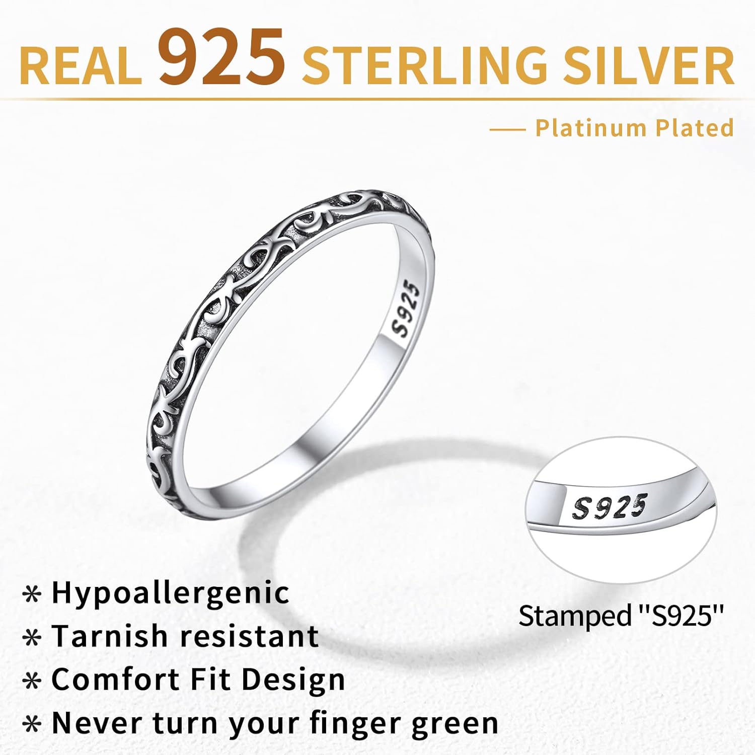 Sterling Silver Retro Vine Stacking Eternity Wedding Band Rings 