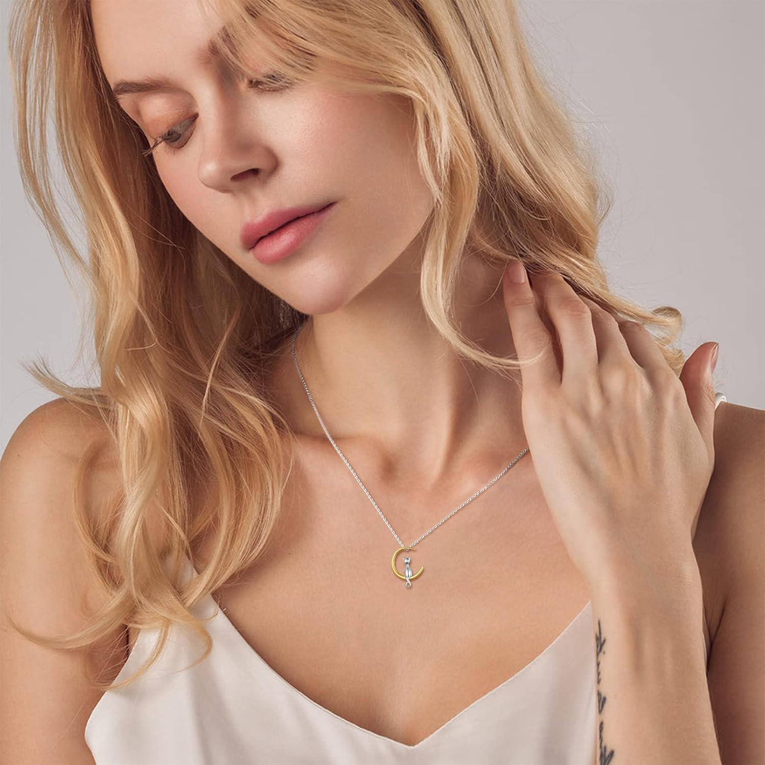 Two Tone Crescent Moon Cat Pendant Necklace for Women