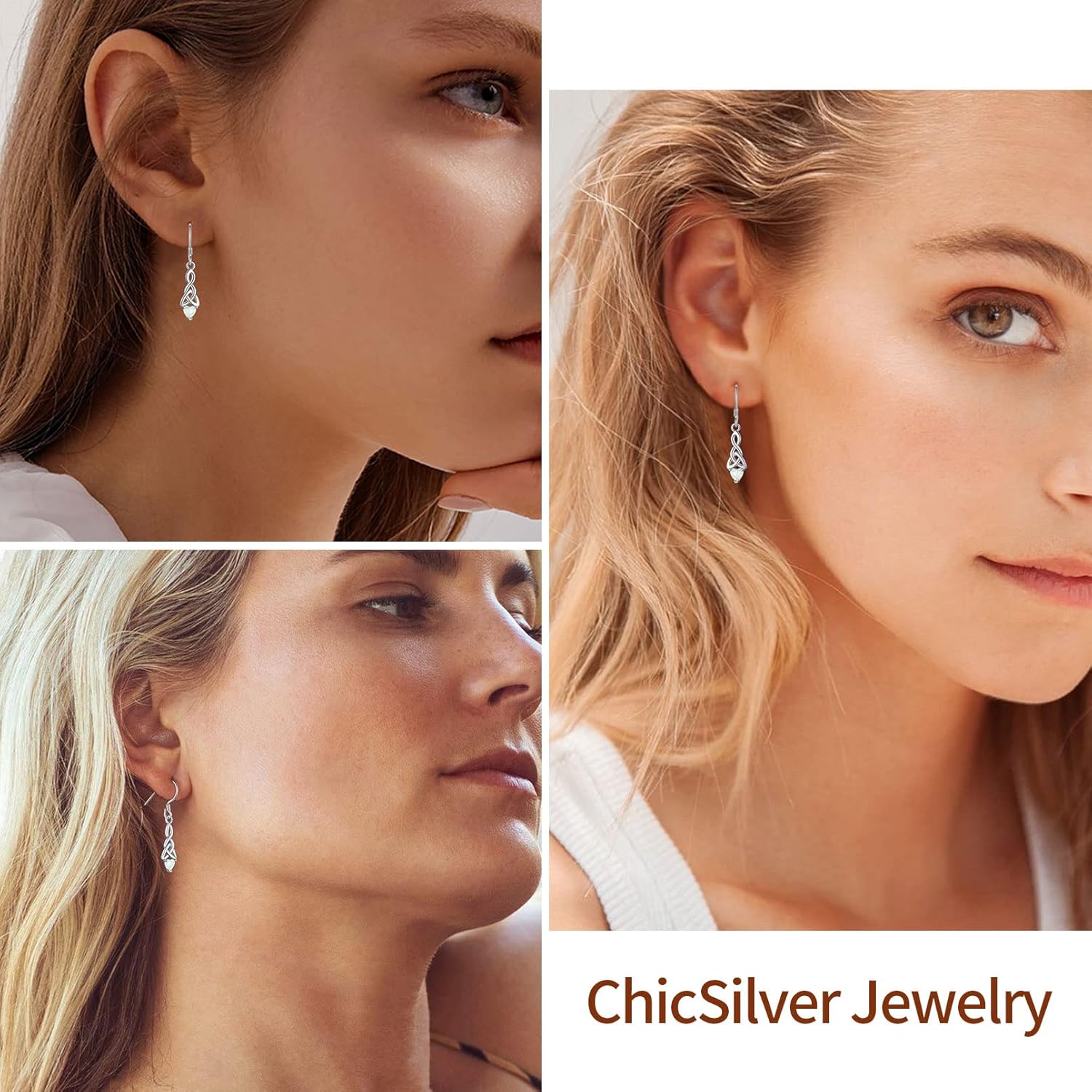 Heart Opal Irish Celtic Knot Drop Dangle Earrings