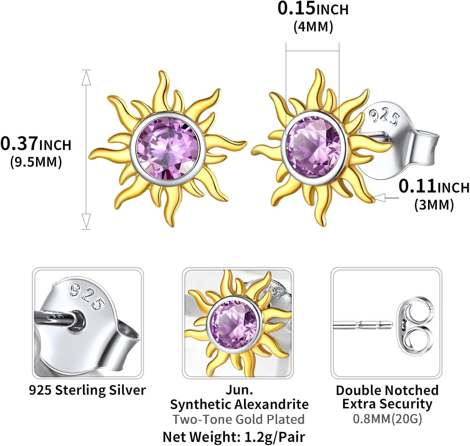 Hypoallergenic Sun Birthstone Earrings for Women, june birthstone, Alexandrite Jewelry, Gemini Birthstone, Cancer Birthstone, birthstone jewelry, gift idea