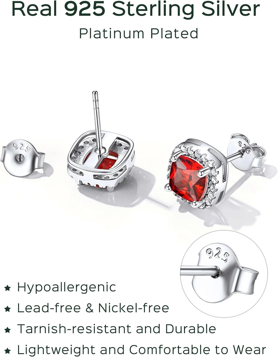 Sterling Silver Square Sparkle Halo Birthstone Gemstone & Cubic Zirconia Stud Earrings 