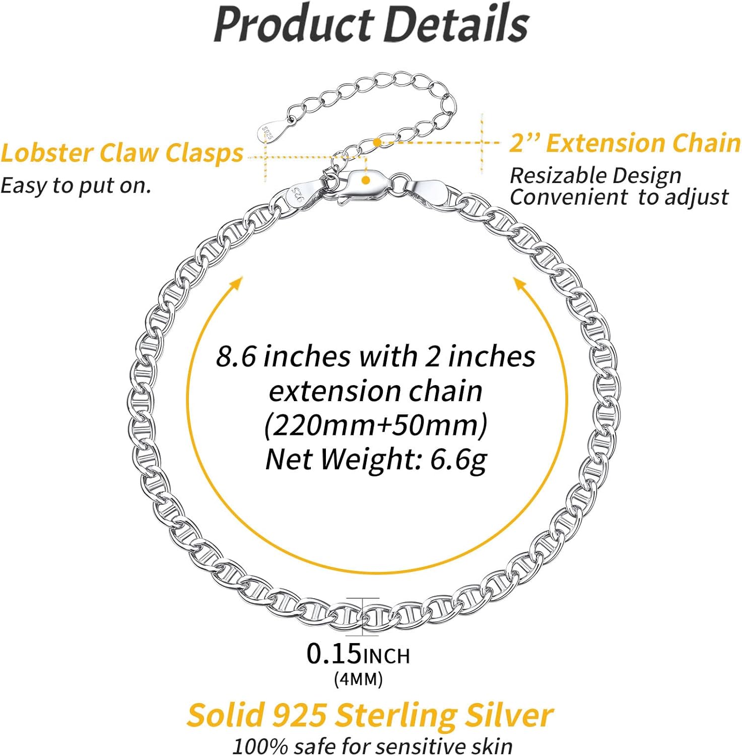 Flat Mariner Link Chain Anklets Details: Dimensions, Hypoallergenic, Lobster-Claw-Clasps