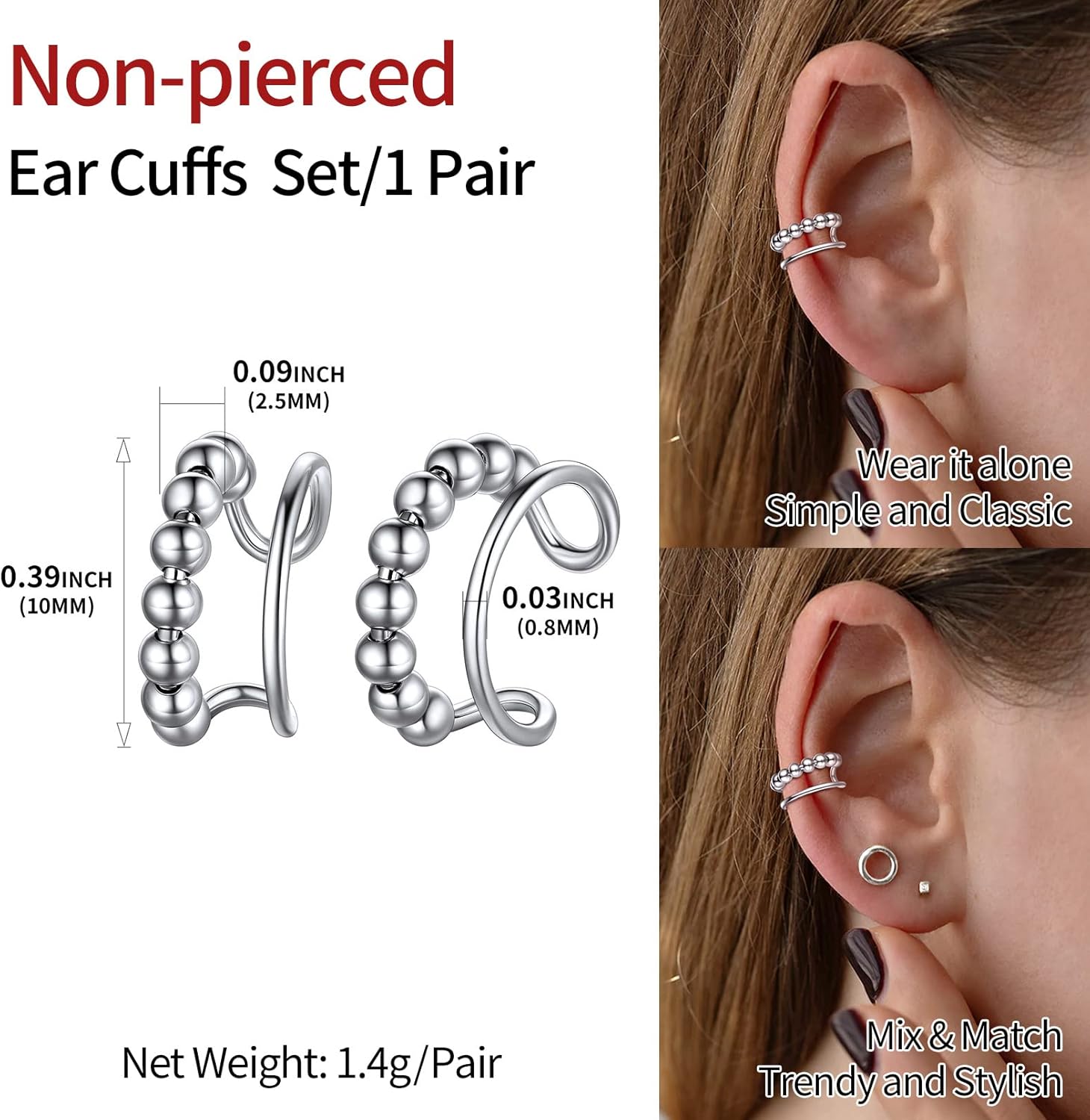 Beaded on Piercing Clip on Cartilage Cuff Earrings 