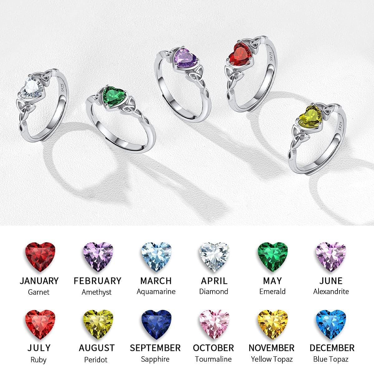 12 Months Celtic Knot & Heart Shape Birthstone Promise Rings for Women, jan birthstone, Garnet rings, Capricorn Birthstone, Aquarius Birthstone, sterling silver promise rings, gift idea