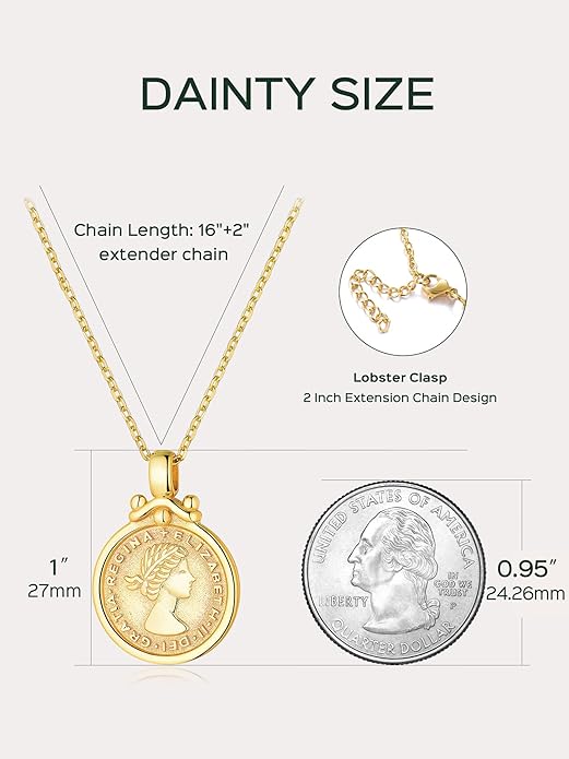 Elizabeth British Lucky Sixpence Coin Vintage Round Medallion Necklace Details: Dimensions, Hypoallergenic, Lobster-Claw-Clasps