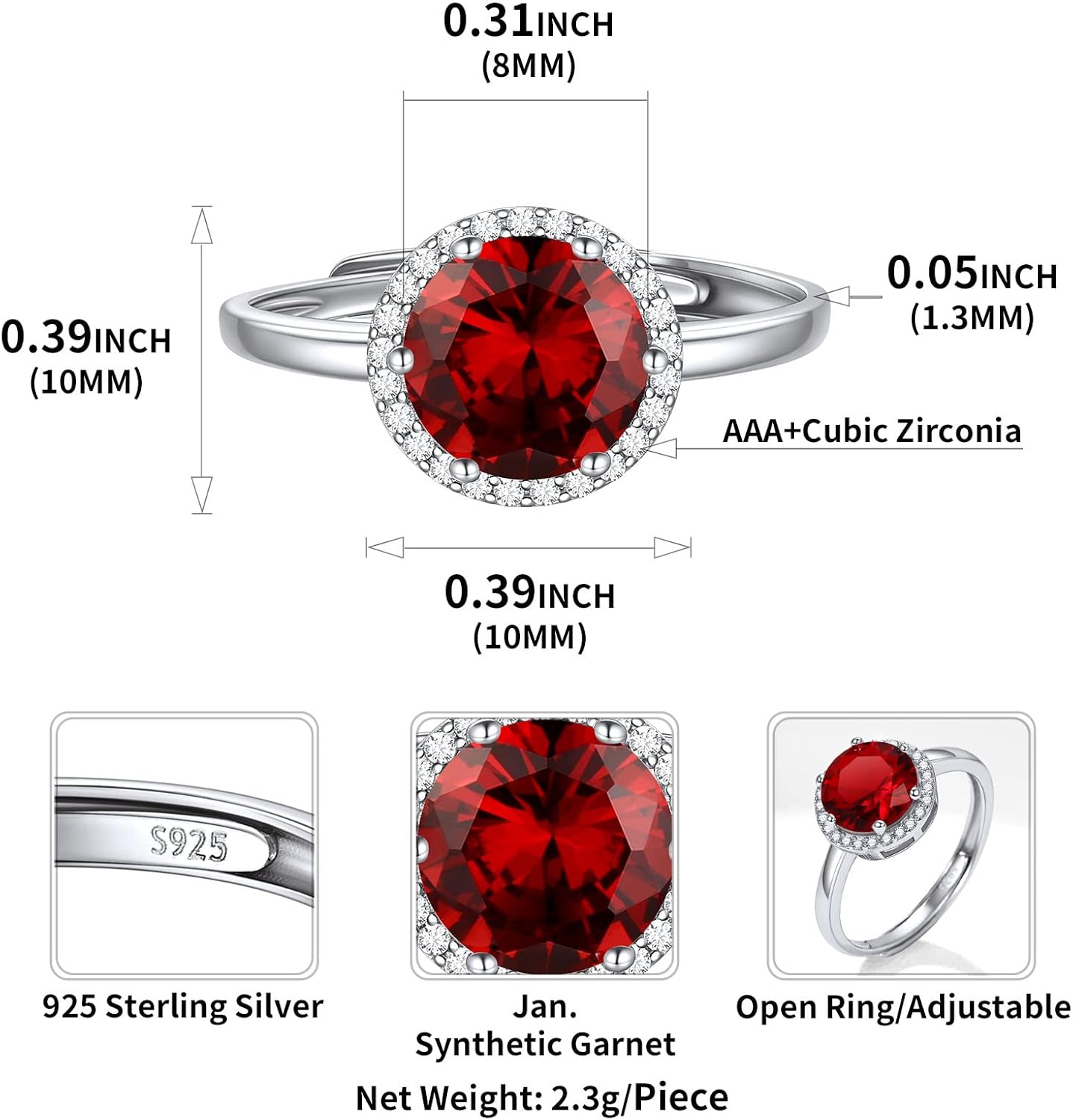 Round Cut Birthstone Promise Ring Details: Dimensions, Hypoallergenic, Adjustable size for 6~11