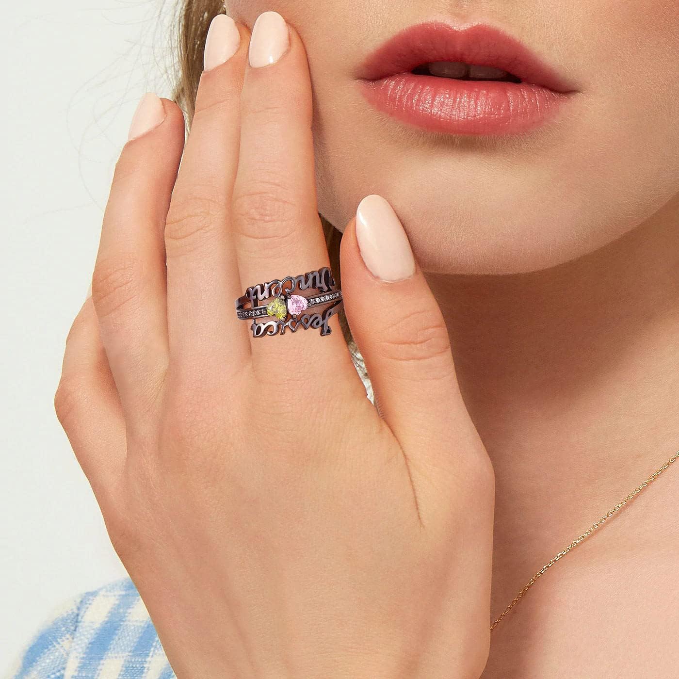 Custom Heart Birthstone 3D Name Ring  for wife, girlfriend