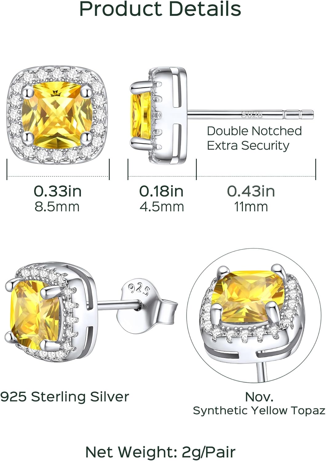 Square Sparkle Halo Birthstone Gemstone & Cubic Zirconia Stud Earrings Details: Dimensions, Hypoallergenic, Push Back Finding