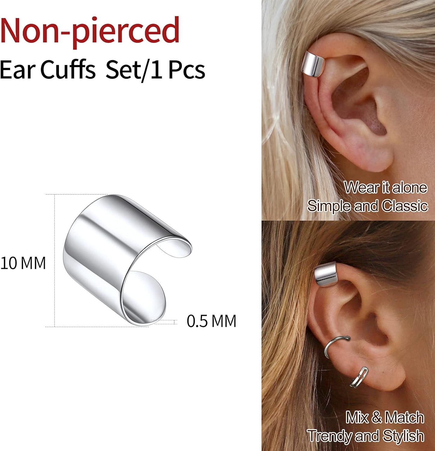 10mm Simple Cuff Non Piercing Clip on Cartilage Earrings