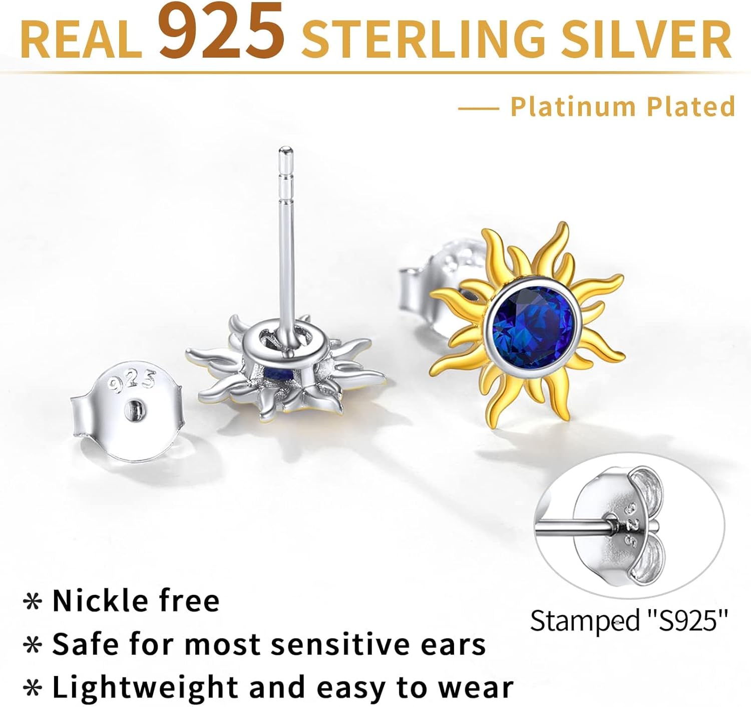 Hypoallergenic Sun Birthstone Earrings for Women, september birthstone, Sapphire Jewelry, Virgo Birthstone, Libra Birthstone, sterling silver jewelry, gift idea