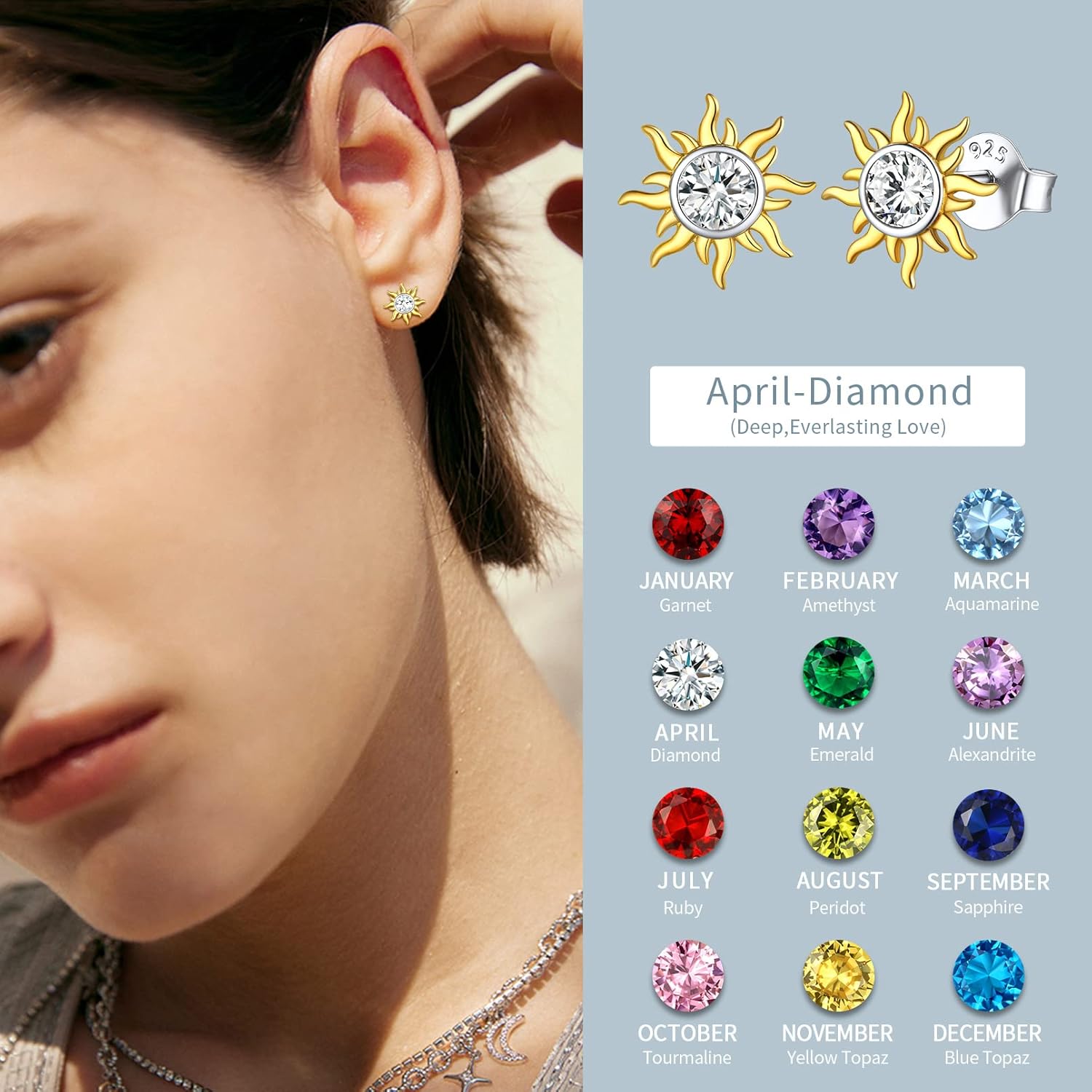 Hypoallergenic Sun Birthstone Earrings for Women, april birthstone, Diamond Jewelry, Aries Birthstone, Taurus Birthstone, birthstone Earrings, gift idea